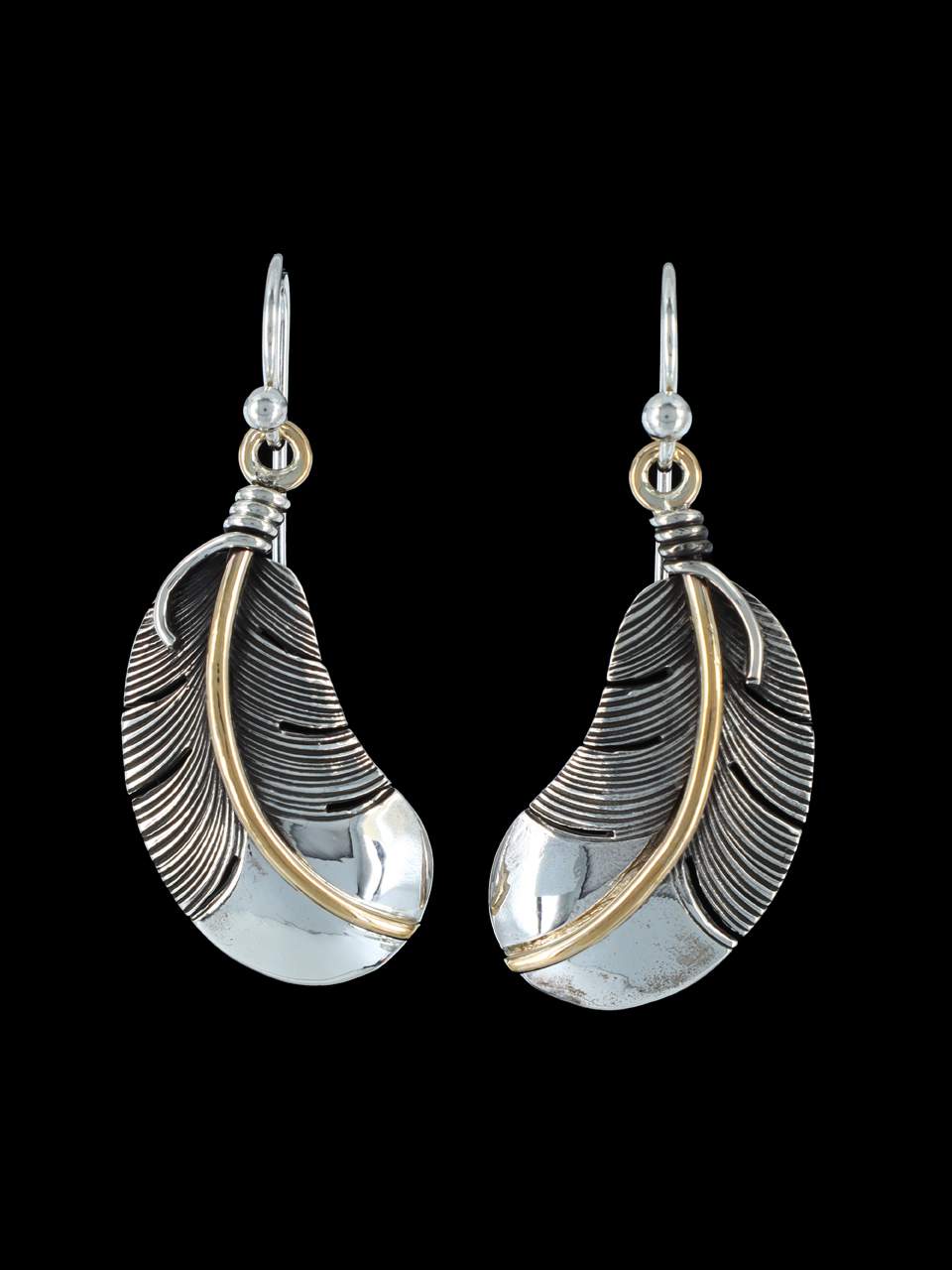 Navajo Sterling Silver and 12kt Gold Feather Earrings - PuebloDirect.com