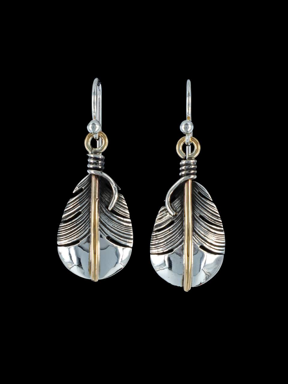 Navajo Sterling Silver and 12kt Gold Feather Earrings - PuebloDirect.com