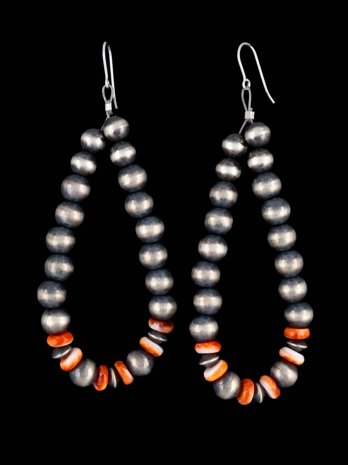 Navajo Spiny Oyster and Sterling Silver Beaded Dangle Earrings - PuebloDirect.com
