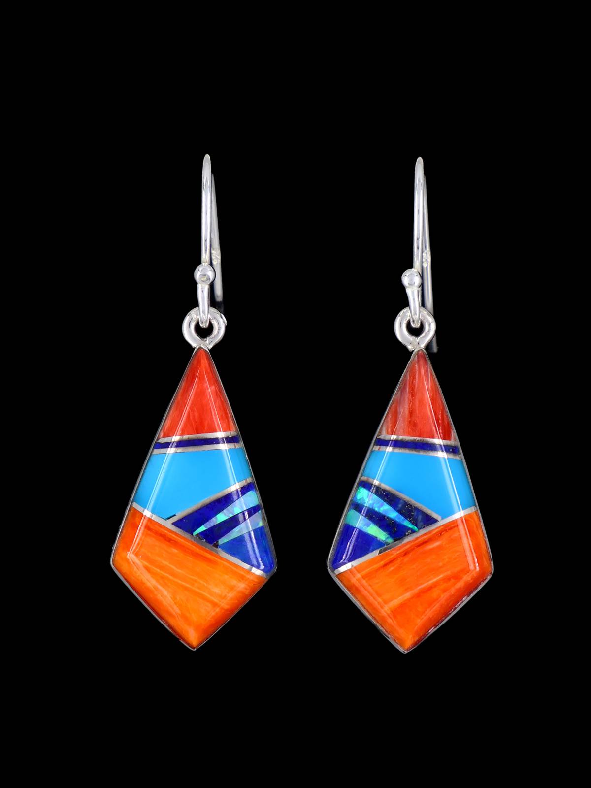 Navajo Sterling Silver Mosaic Inlay Dangle Earrings
