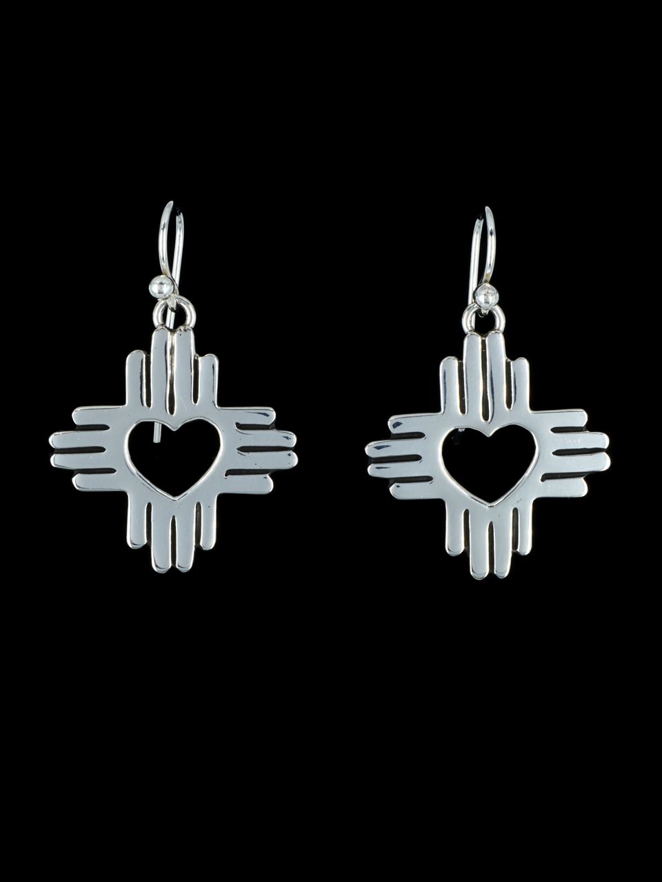 Navajo Sterling Silver Dangle Zia Heart Earrings - PuebloDirect.com