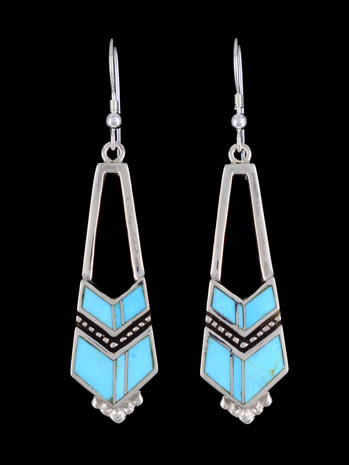 Navajo Turquoise Sterling Silver Inlay Dangle Earrings