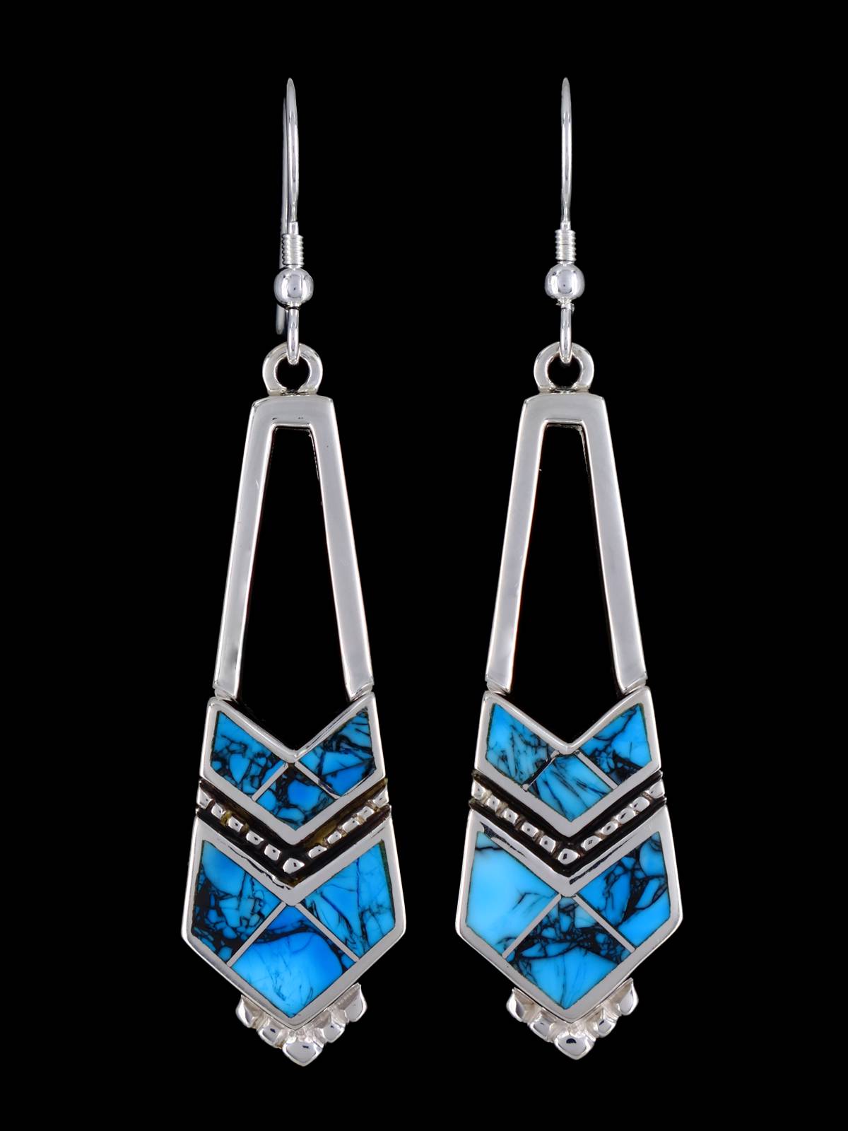 Navajo Turquoise Sterling Silver Inlay Dangle Earrings