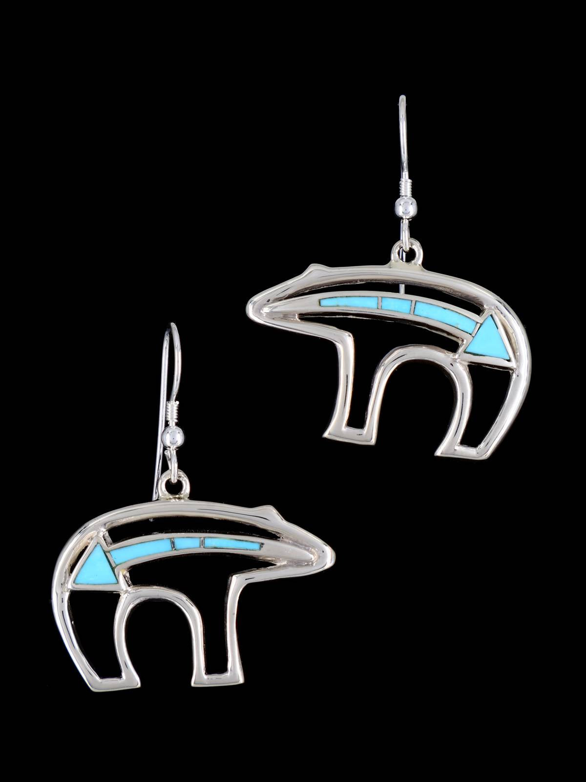 Navajo Turquoise Sterling Silver Inlay Dangle Bear Earrings