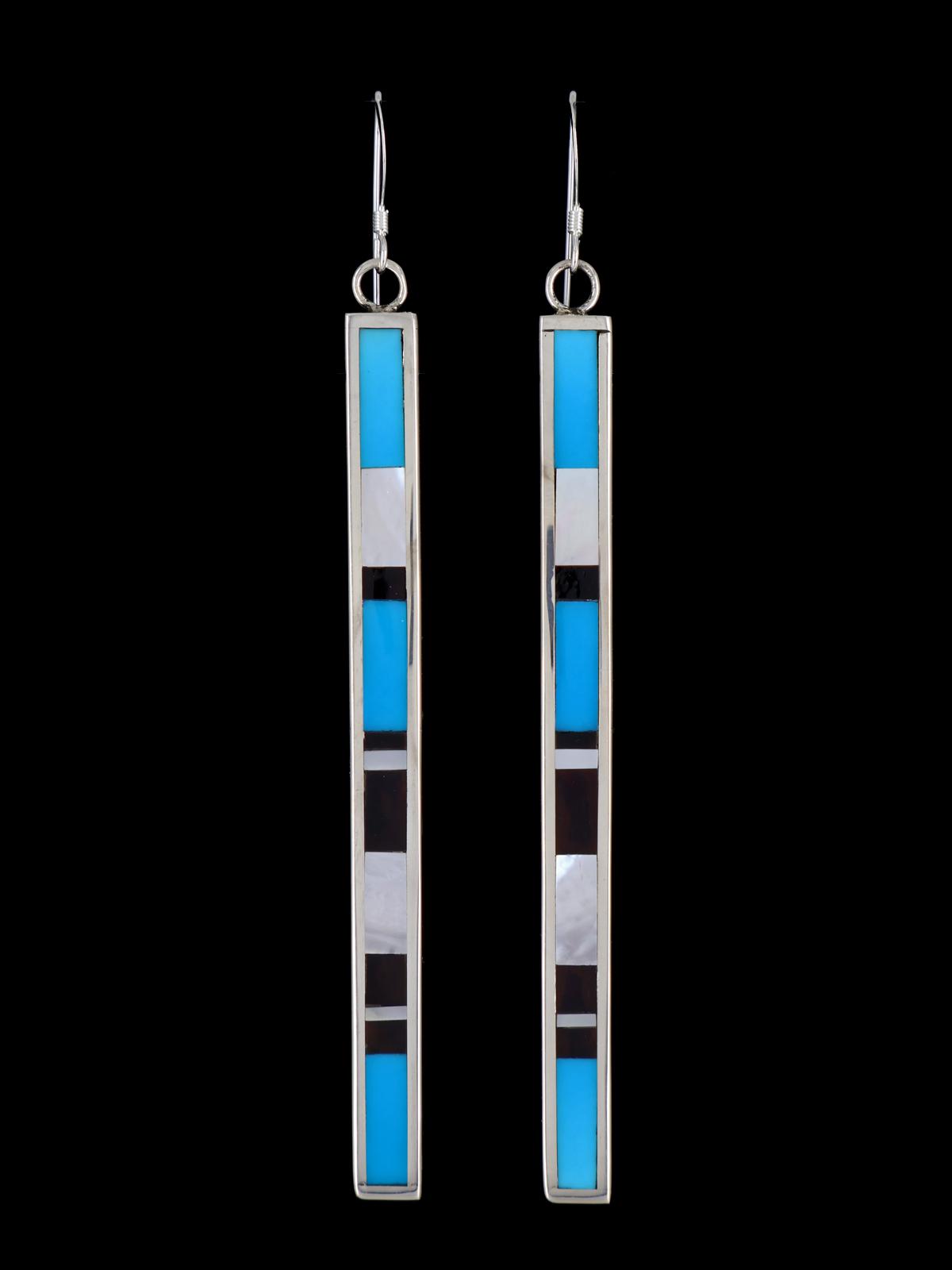 Zuni Jewelry Turquoise and Mother of Pearl Inlay Dangle Earrings - PuebloDirect.com