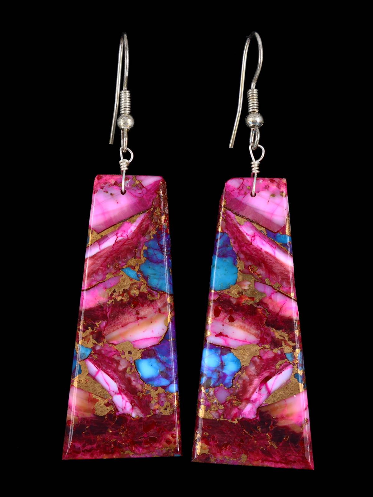 Navajo Compressed Turquoise and Spiny Oyster Slab Earrings