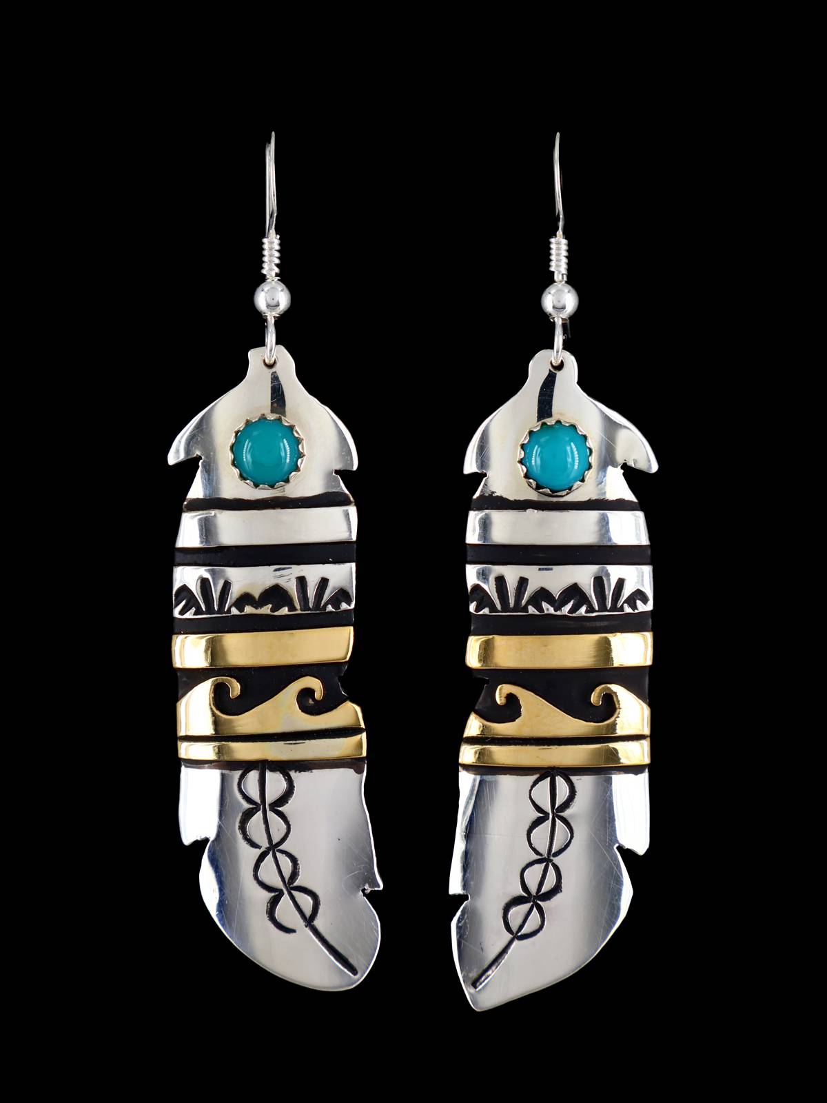 Navajo Overlay Sterling Silver and Gold Dangle Earrings