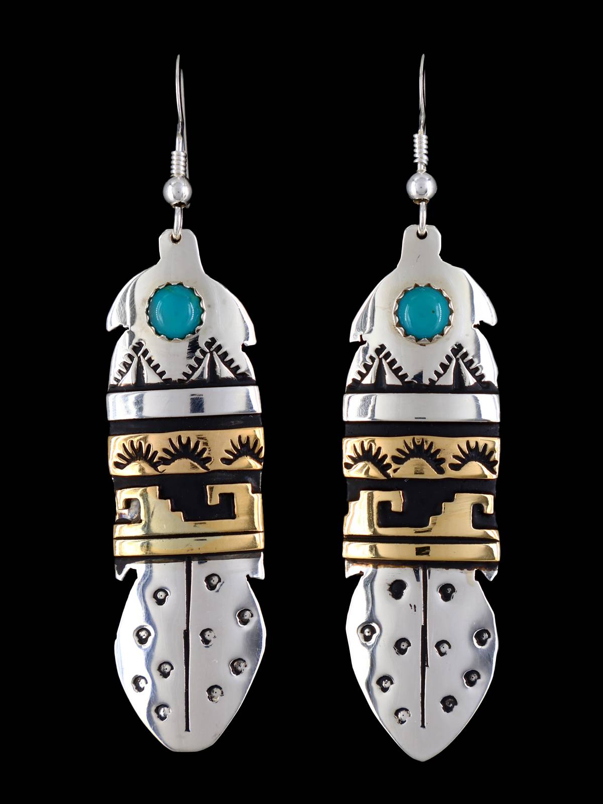 Navajo Overlay Sterling Silver and Gold Dangle Earrings