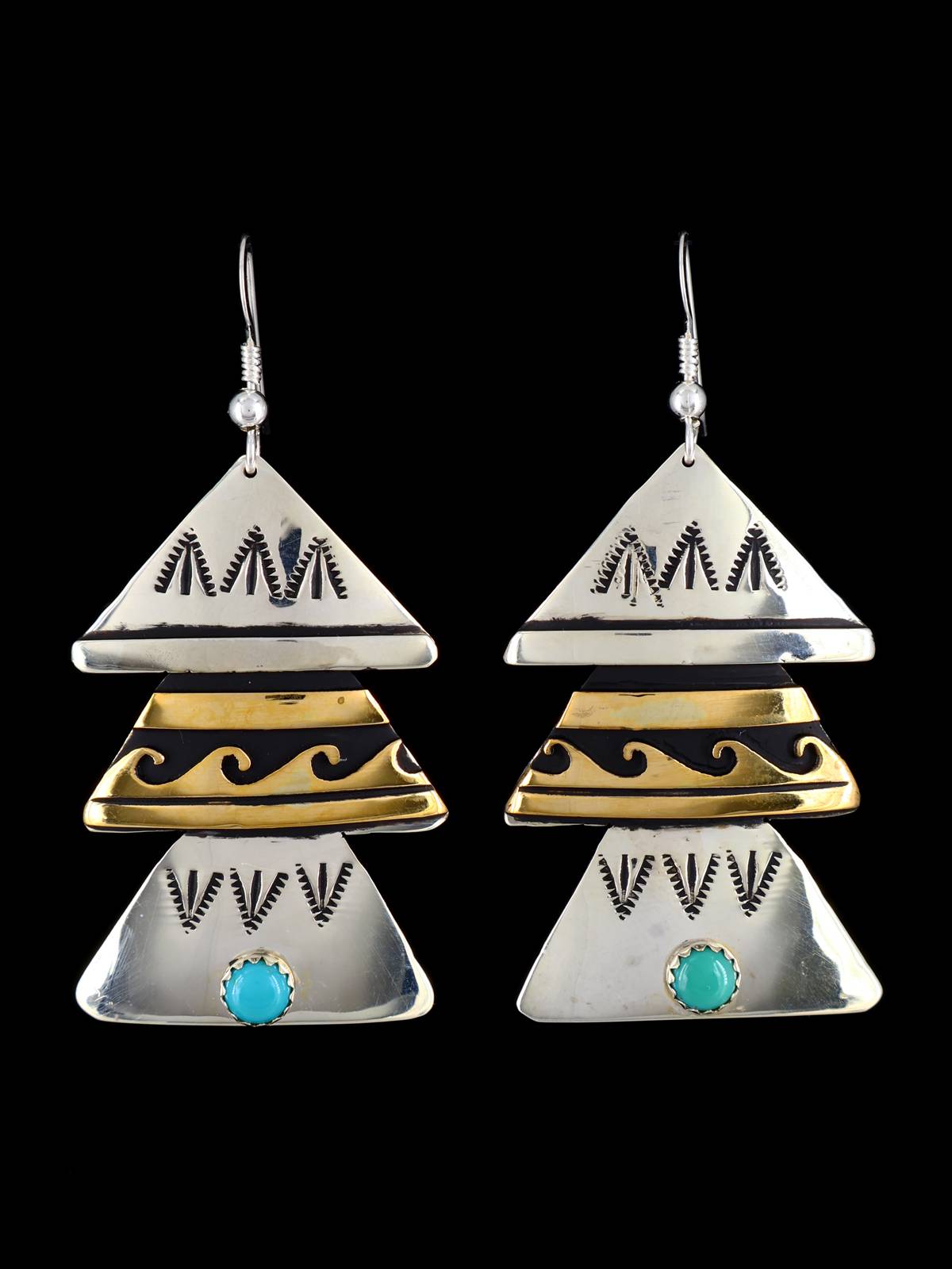 Navajo Overlay Sterling Silver and Gold Christmas Tree Dangle Earrings - PuebloDirect.com