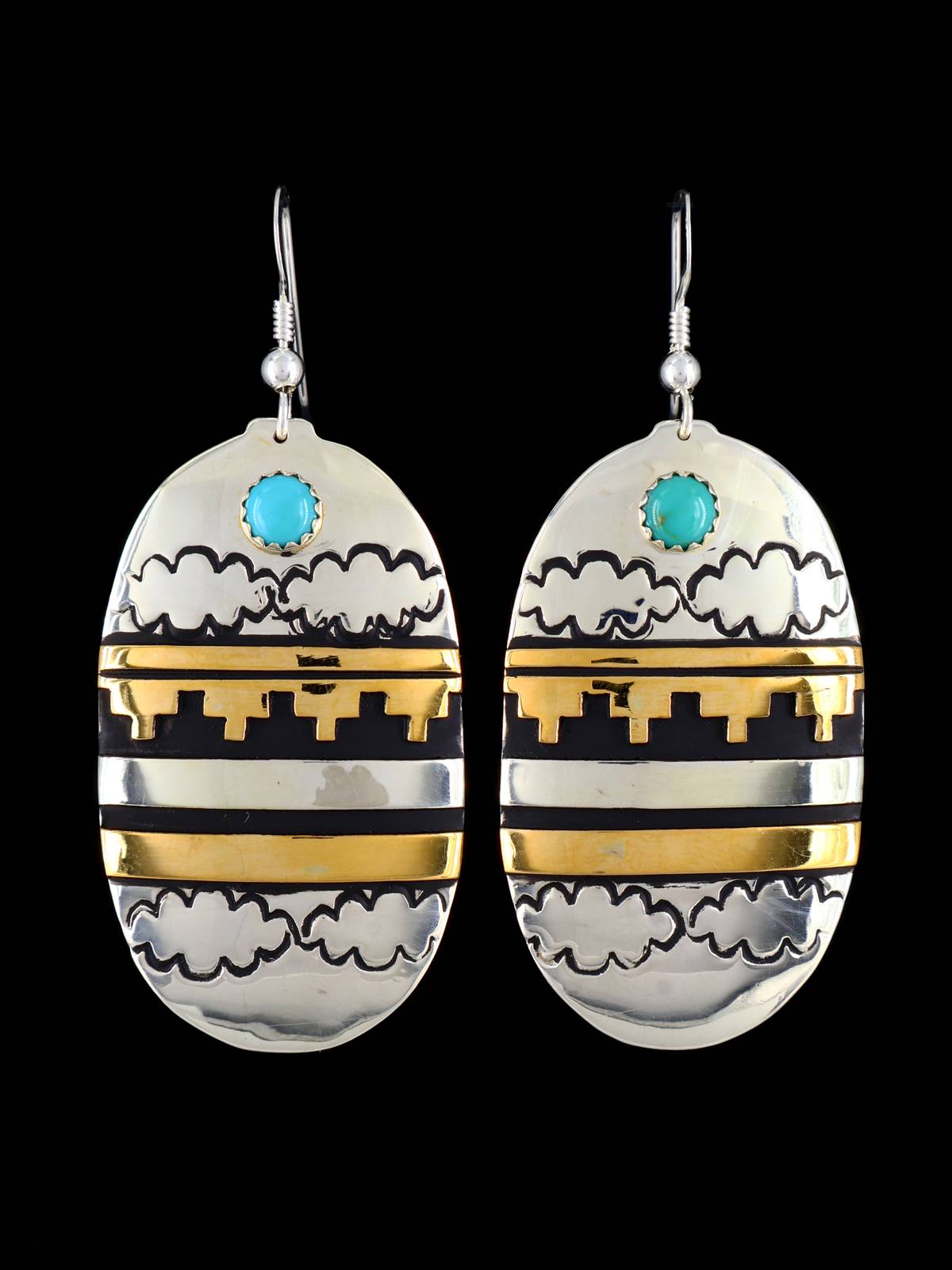 Navajo Overlay Sterling Silver and Gold Dangle Earrings