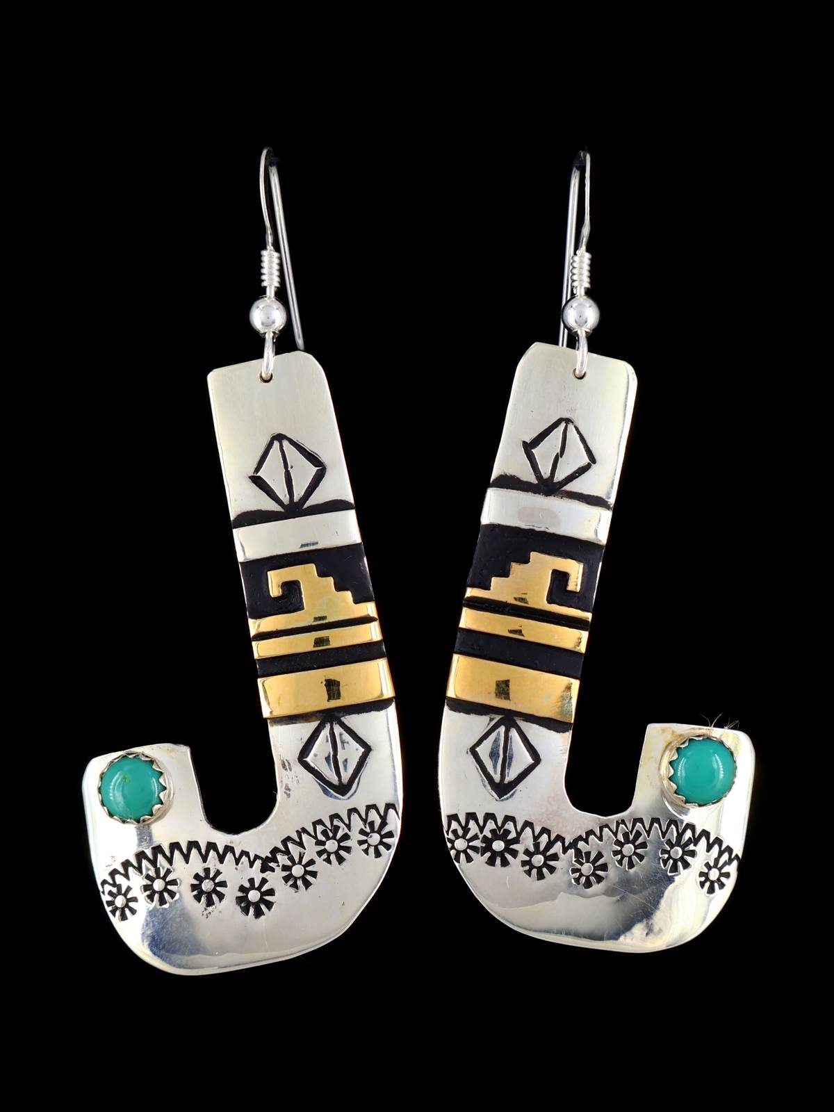 Navajo Overlay Sterling Silver and Gold Candy Cane Dangle Earrings - PuebloDirect.com