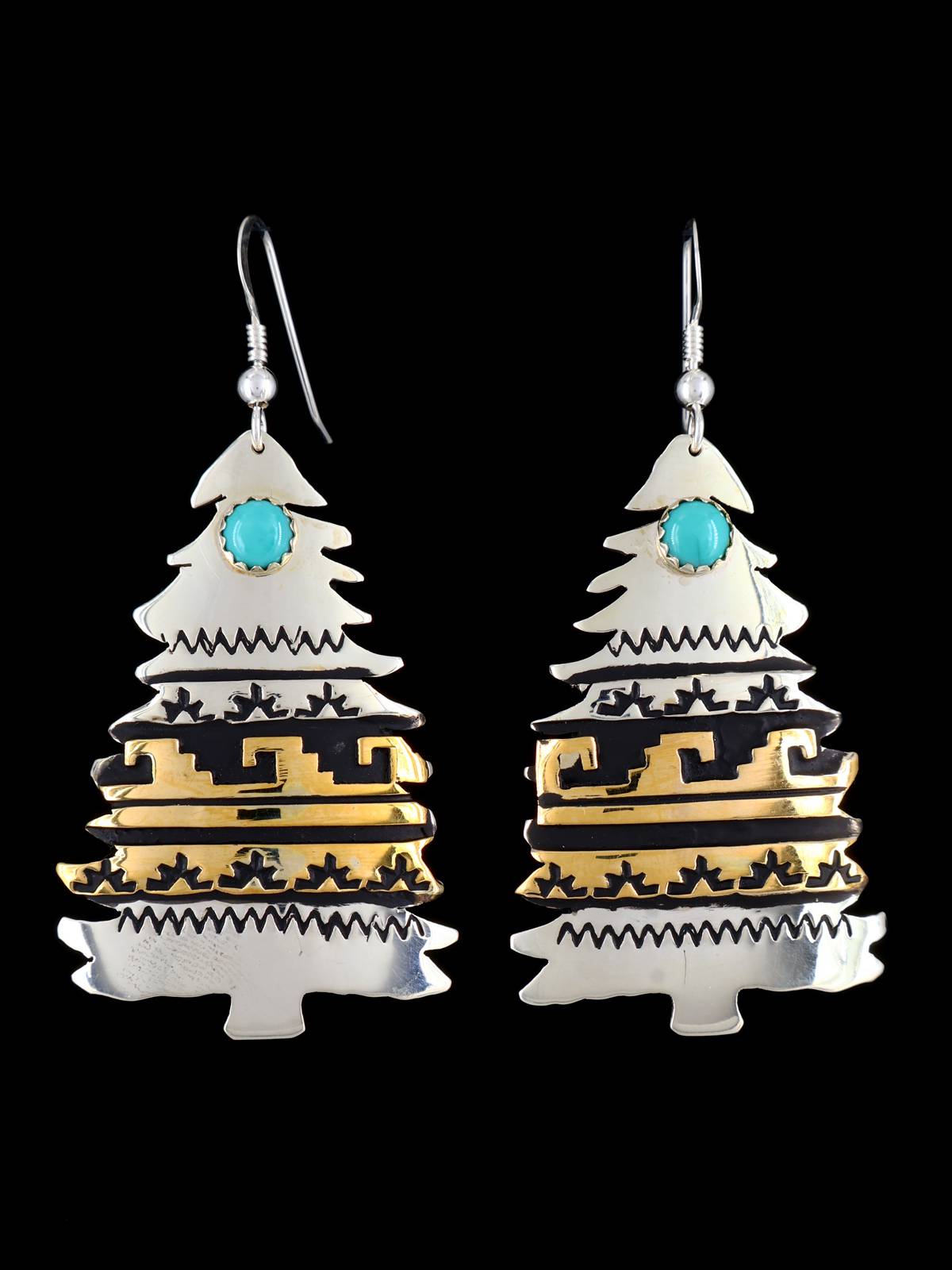 Navajo Overlay Sterling Silver and Gold Christmas Tree Dangle Earrings - PuebloDirect.com