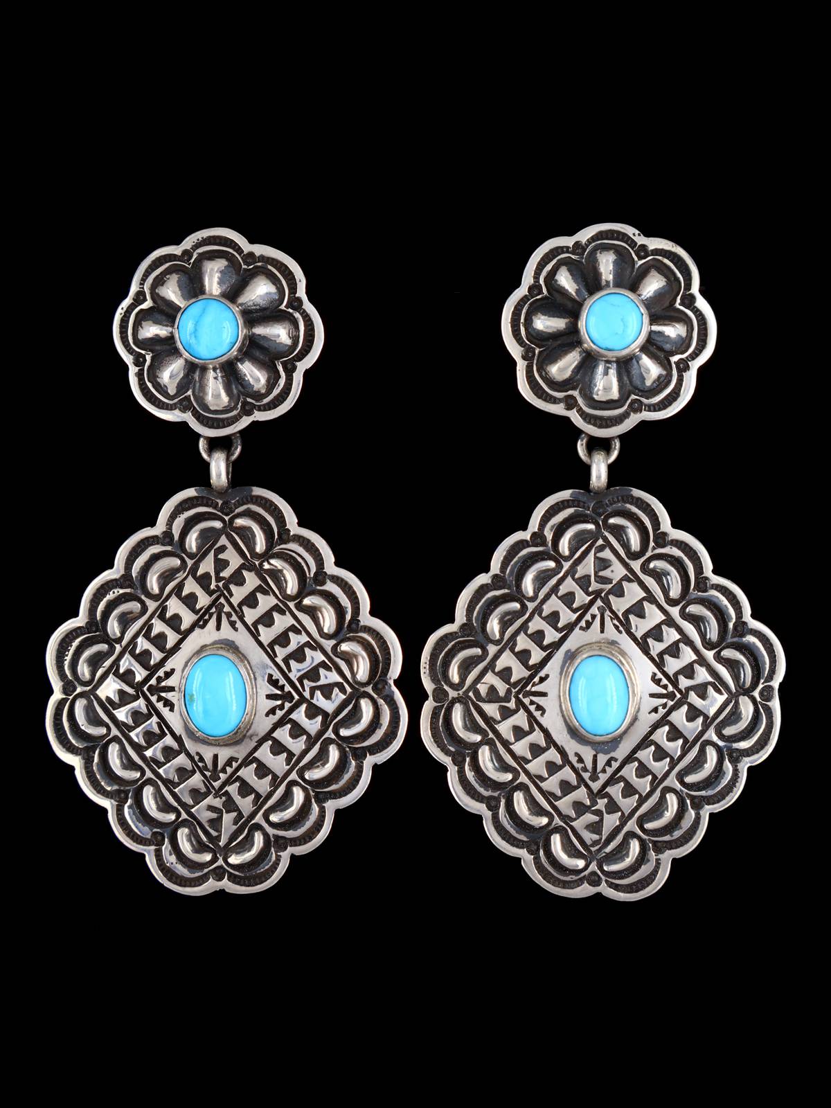 Native American Jewelry Turquoise Stamped Sterling Post Earrings