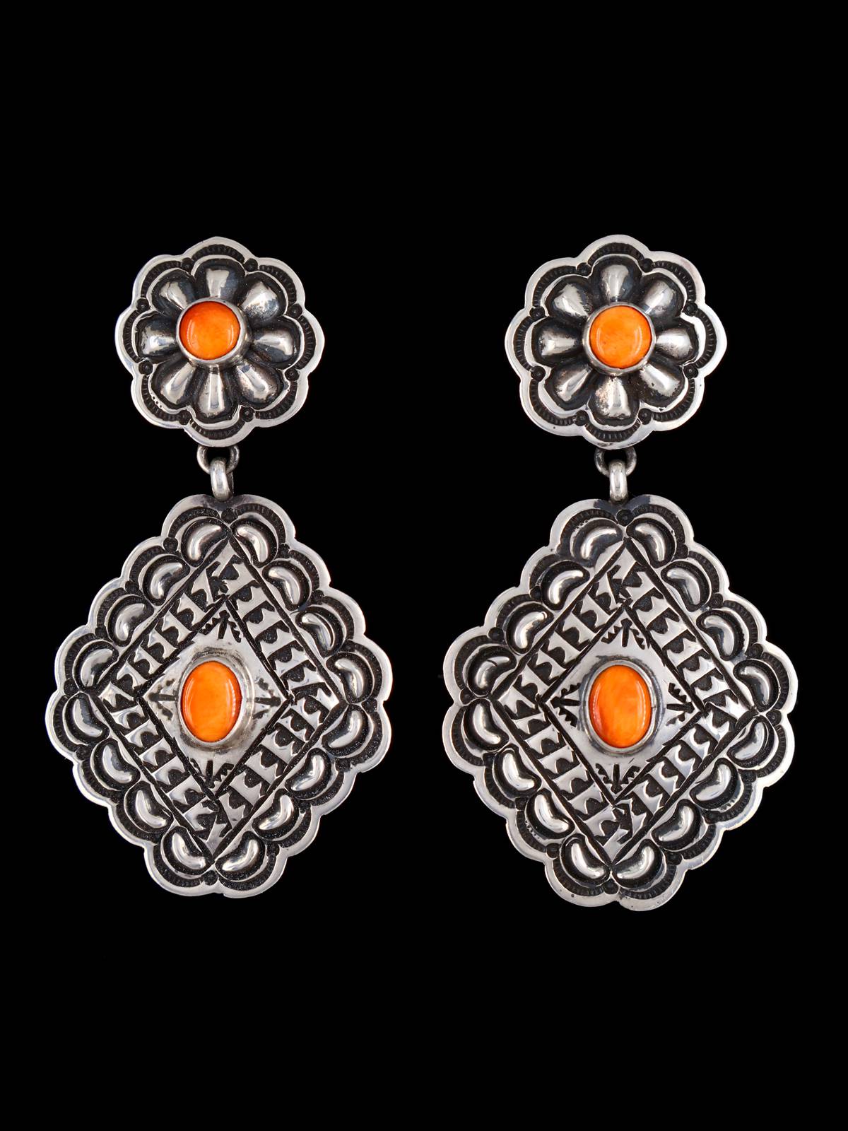 Native American Jewelry Spiny Oyster Stamped Sterling Post Earrings