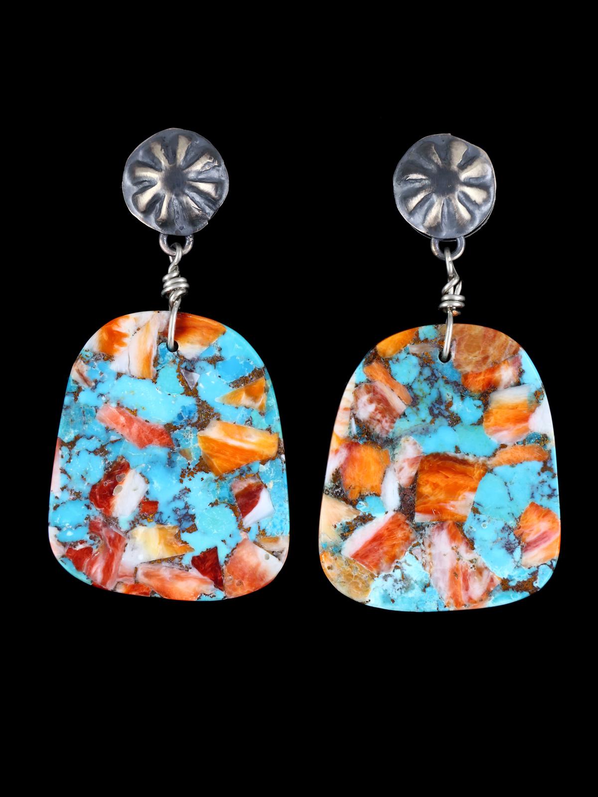 Navajo Turquoise and Spiny Oyster Slab Post Earrings - PuebloDirect.com