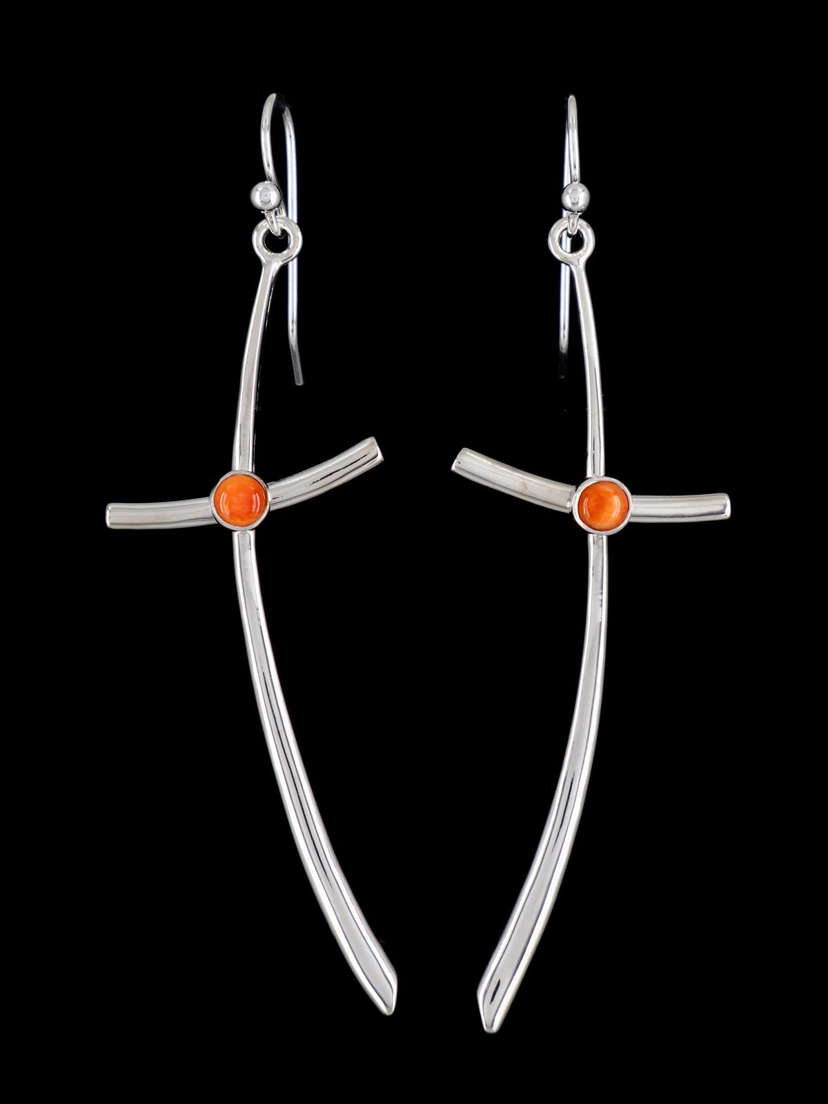 Native American Spiny Oyster Dangle Cross Earrings - PuebloDirect.com