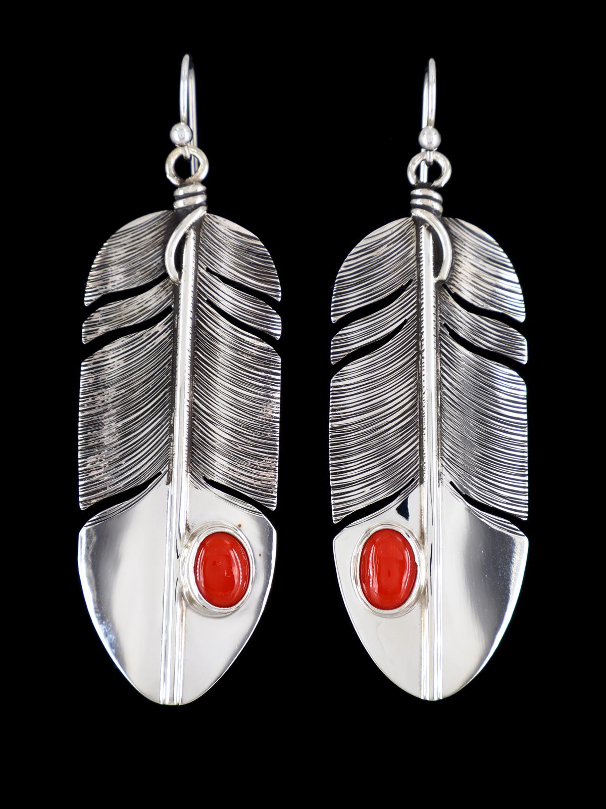 Native American Sterling Silver Coral Dangle Feather Earrings - PuebloDirect.com