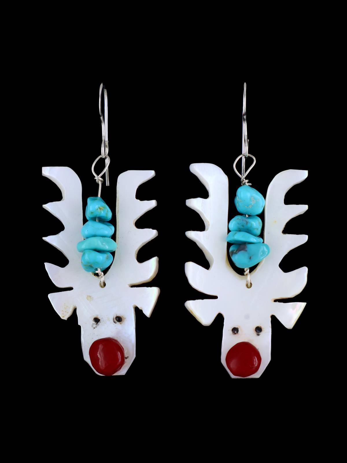 Carved Mother of Pearl Zuni Fetish Reindeer Dangle Earrings - PuebloDirect.com