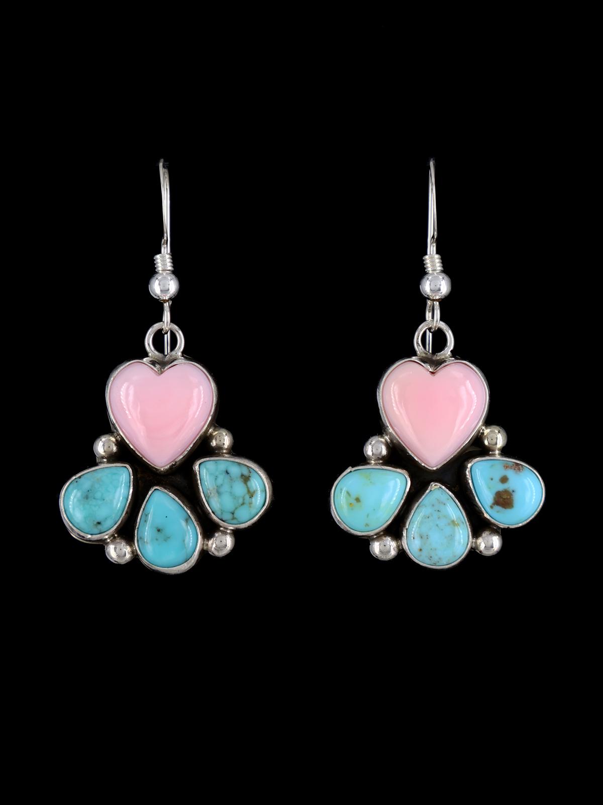 Navajo Turquoise and Pink Conch Heart Dangle Earrings - PuebloDirect.com