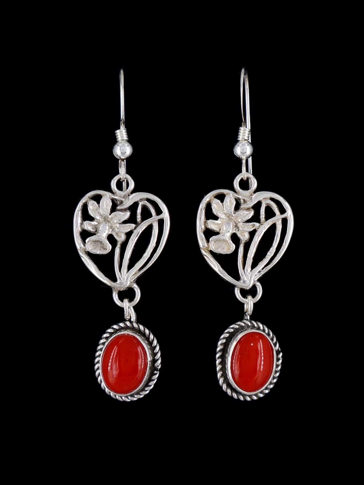 Native American Sterling Silver Coral Dangle Flower Earrings - PuebloDirect.com