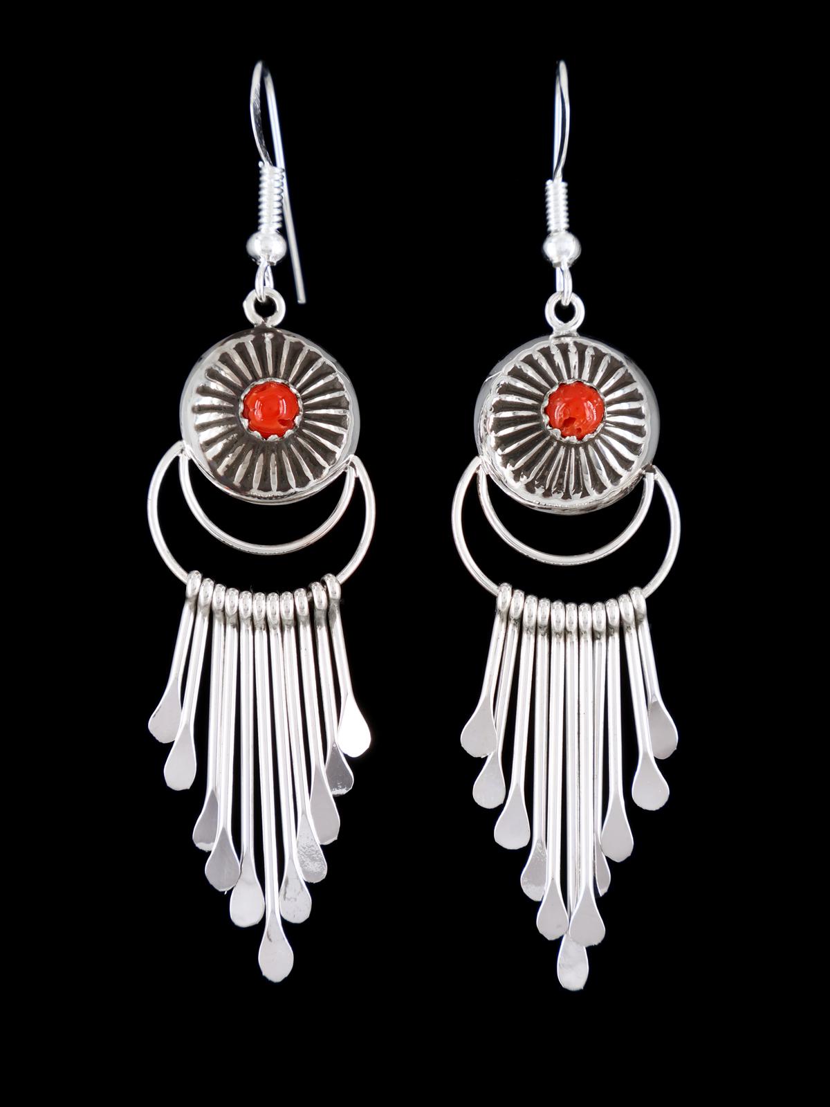 Navajo Sterling Silver Coral Waterfall Dangle Earrings - PuebloDirect.com