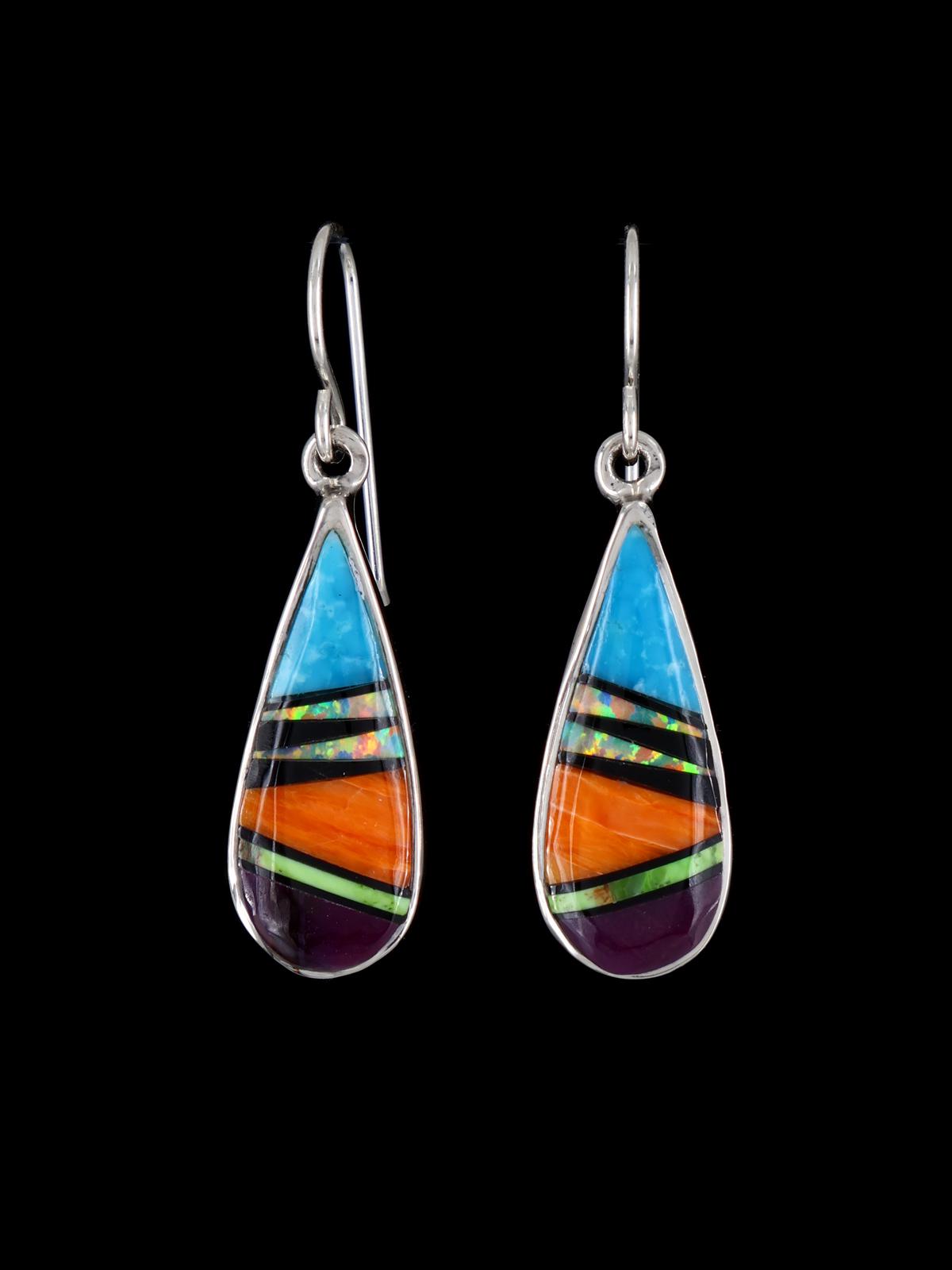 Navajo Multistone Sterling Silver Inlay Dangle Earrings