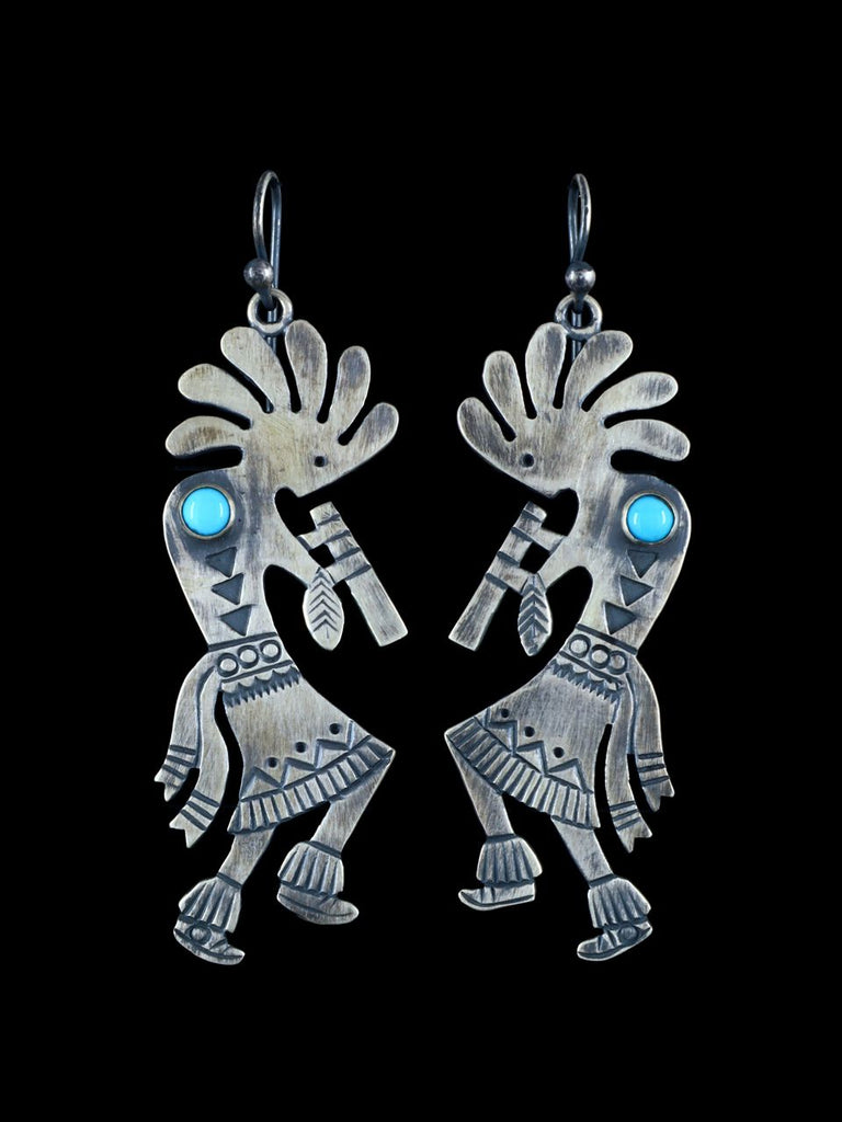 Navajo Turquoise Sterling Silver Kokopelli Dangle Earrings - PuebloDirect.com