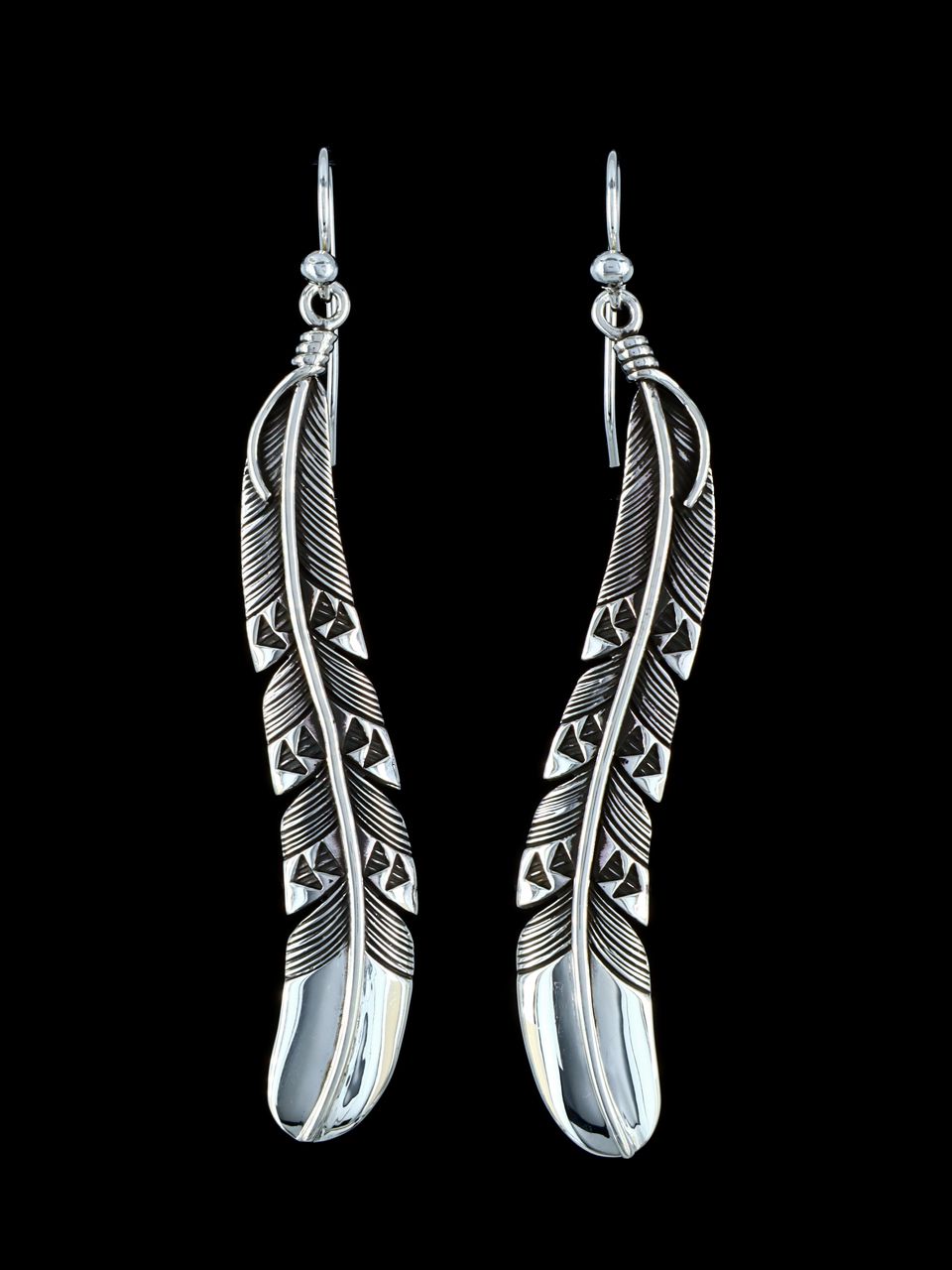 Navajo Sterling Silver Dangle Feather Earrings - PuebloDirect.com