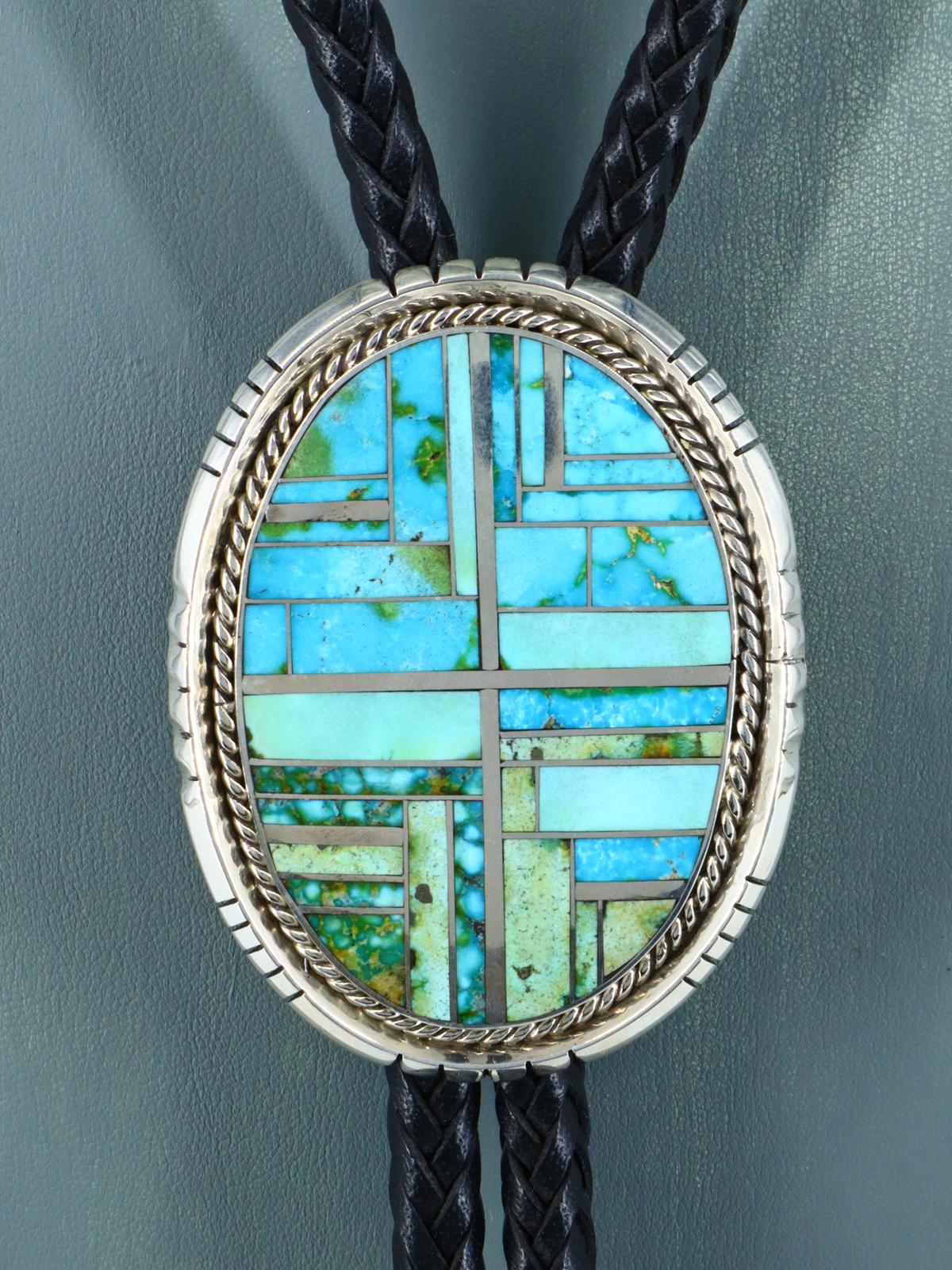 Native American Sterling Silver Sonoran Gold Turquoise Inlay Bolo Tie