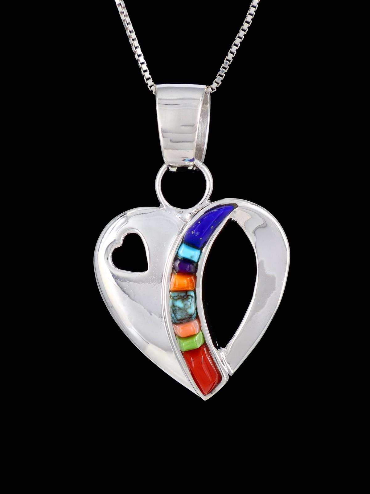 Native American Sterling Silver Cobblestone Inlay Heart Pendant - PuebloDirect.com