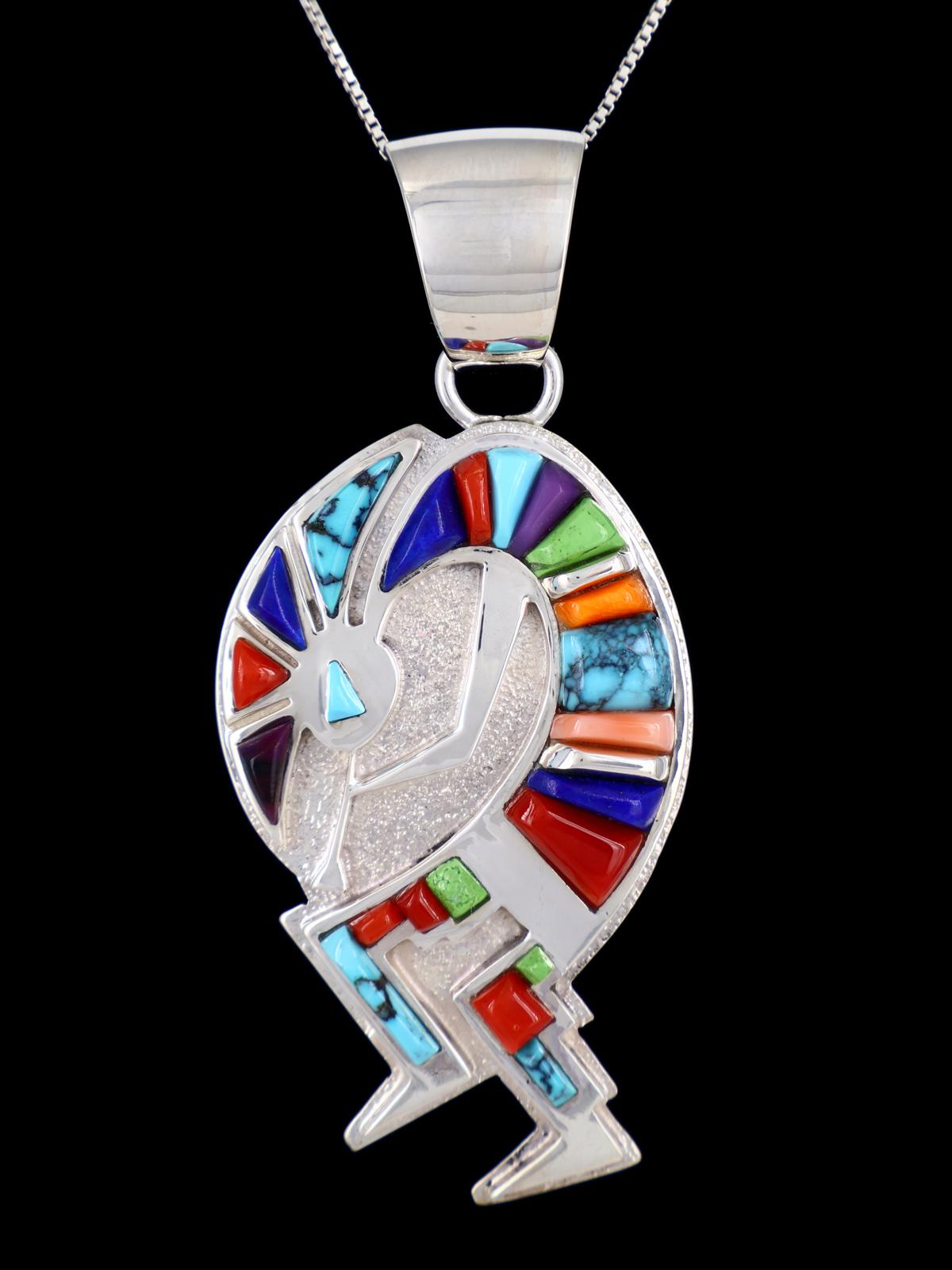 Navajo Cobblestone Inlay Sterling Silver Kokopelli Pendant - PuebloDirect.com