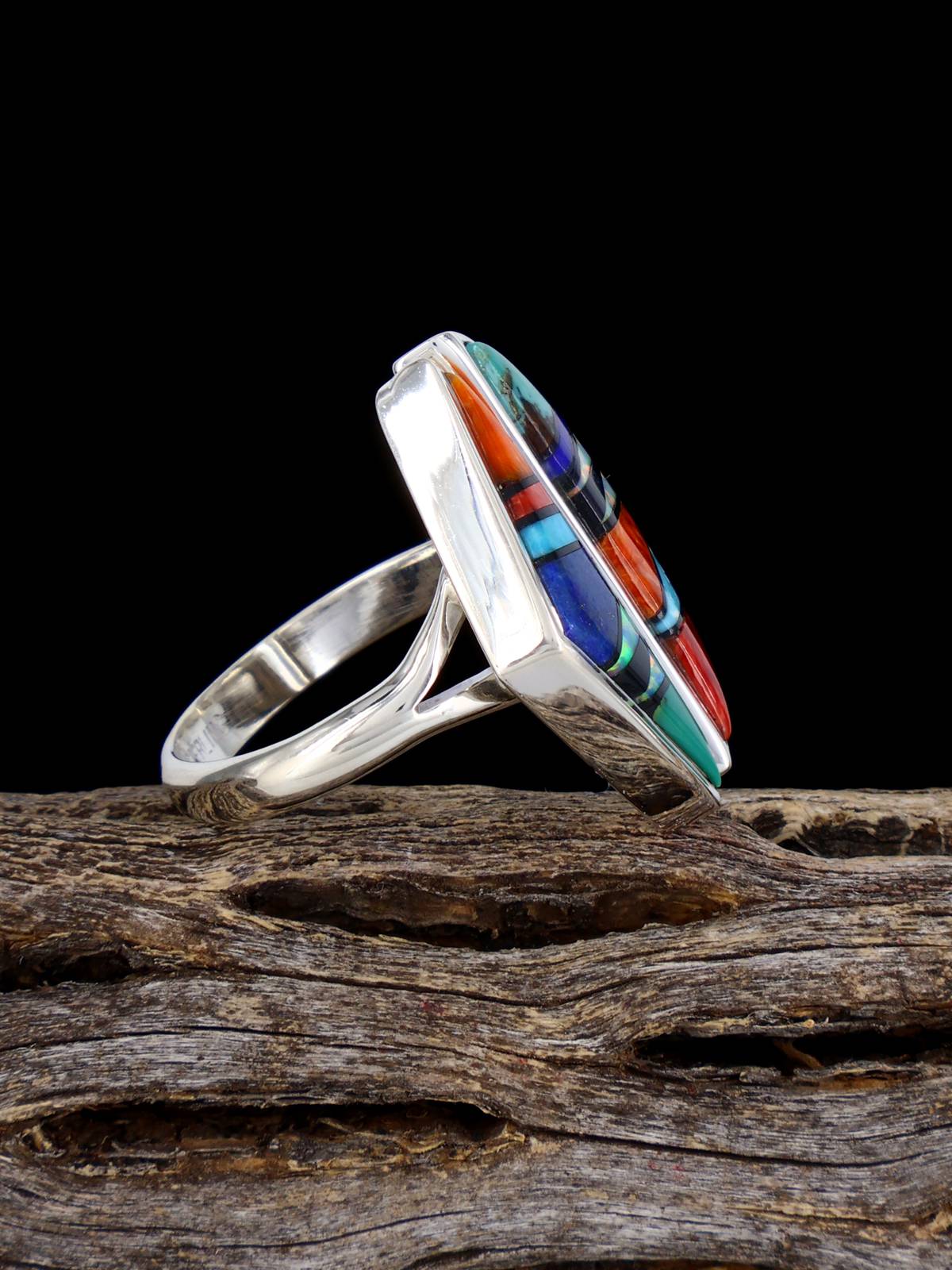 Multistone Inlay Sterling Silver Adjustable Ring Size 8 - PuebloDirect.com