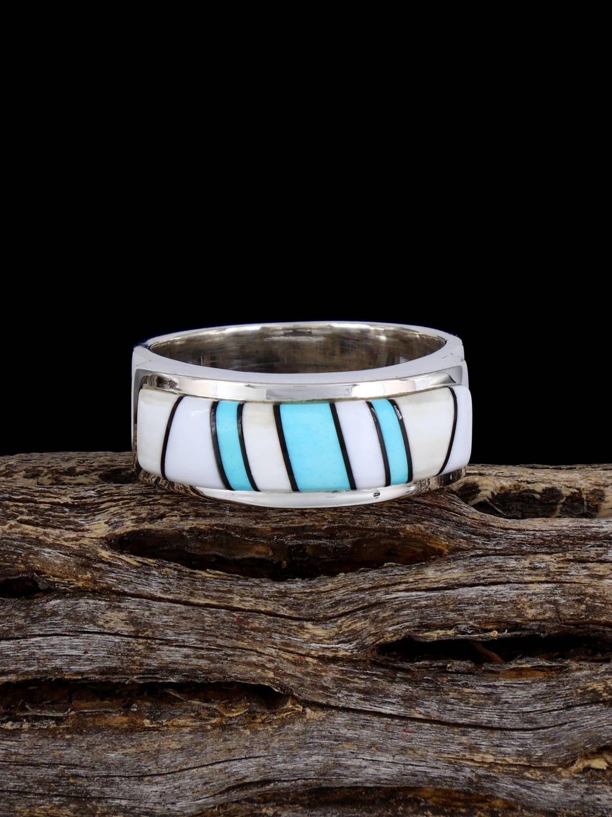 White Shell and Turquoise Inlay Ring Size 10 - PuebloDirect.com