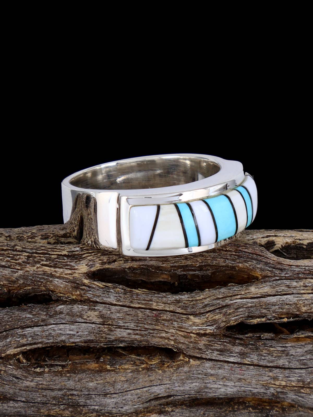 White Shell and Turquoise Inlay Ring Size 10 - PuebloDirect.com