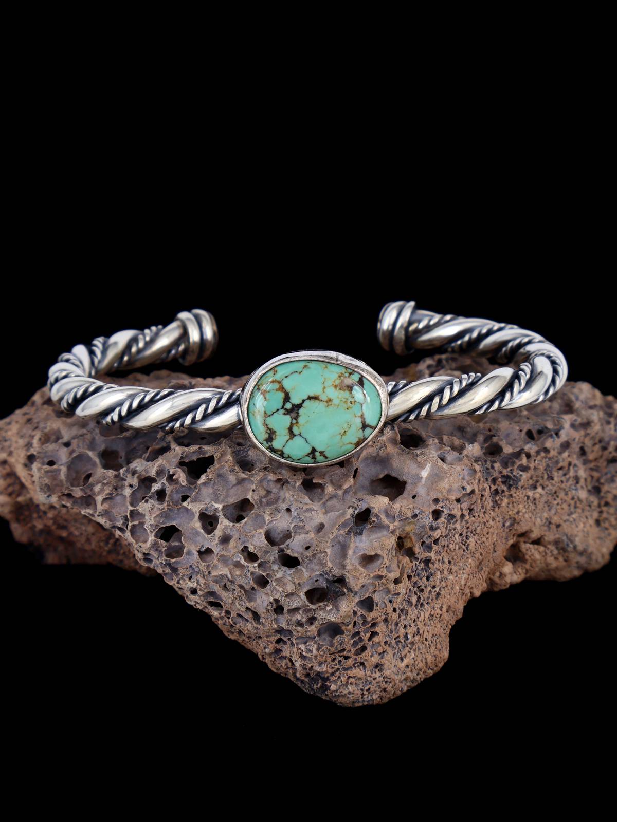 Navajo Turquoise Twisted Sterling Silver Cuff Bracelet - PuebloDirect.com