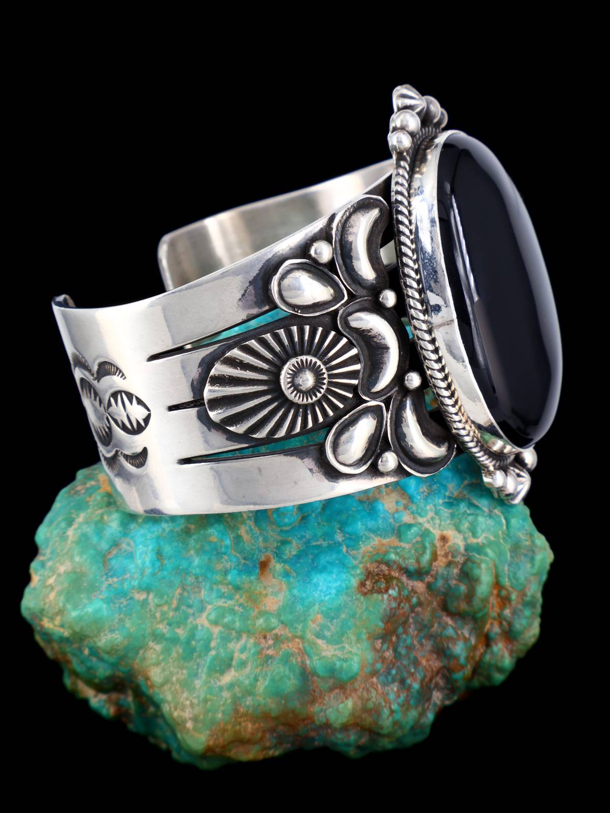 Navajo Black Onyx Sterling Silver Cuff Bracelet - PuebloDirect.com