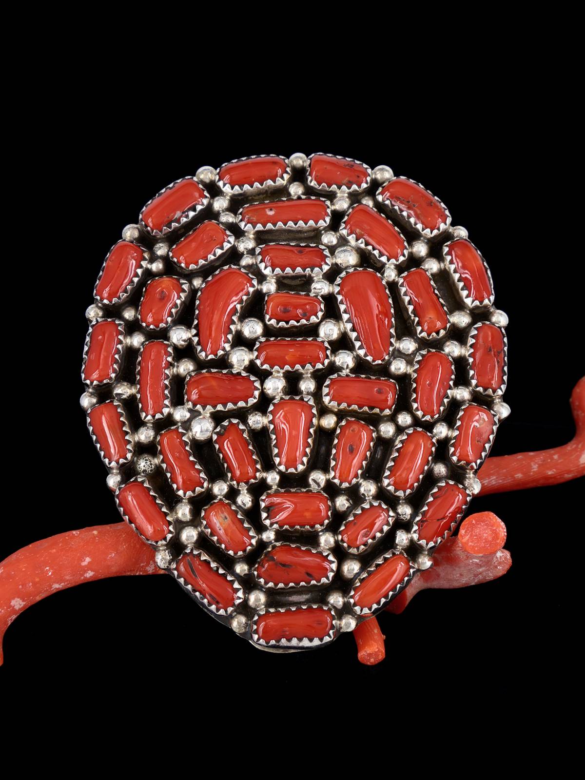 Large Natural Mediterranean Coral Sterling Silver Adjustable Ring Size 8+ - PuebloDirect.com