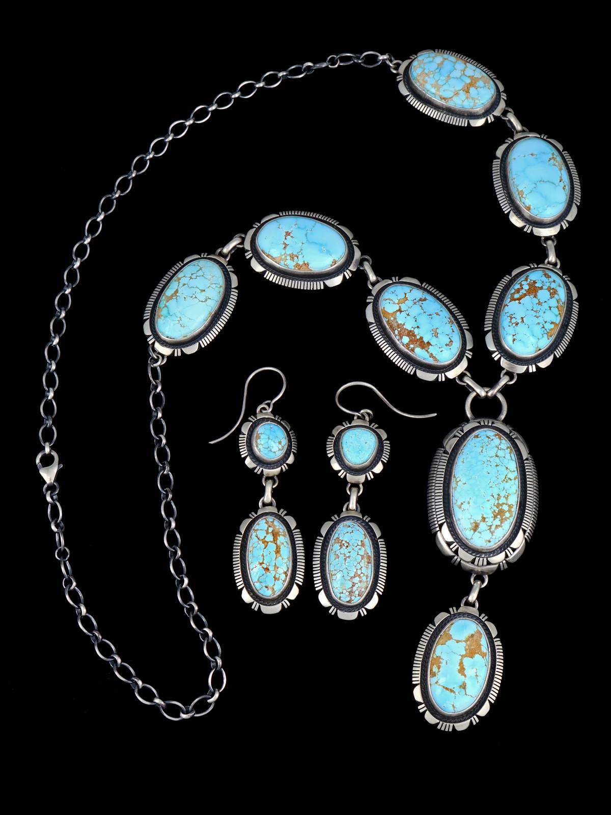 Natural Number 8 Mine Turquoise Sterling Silver Lariat Necklace Set - PuebloDirect.com