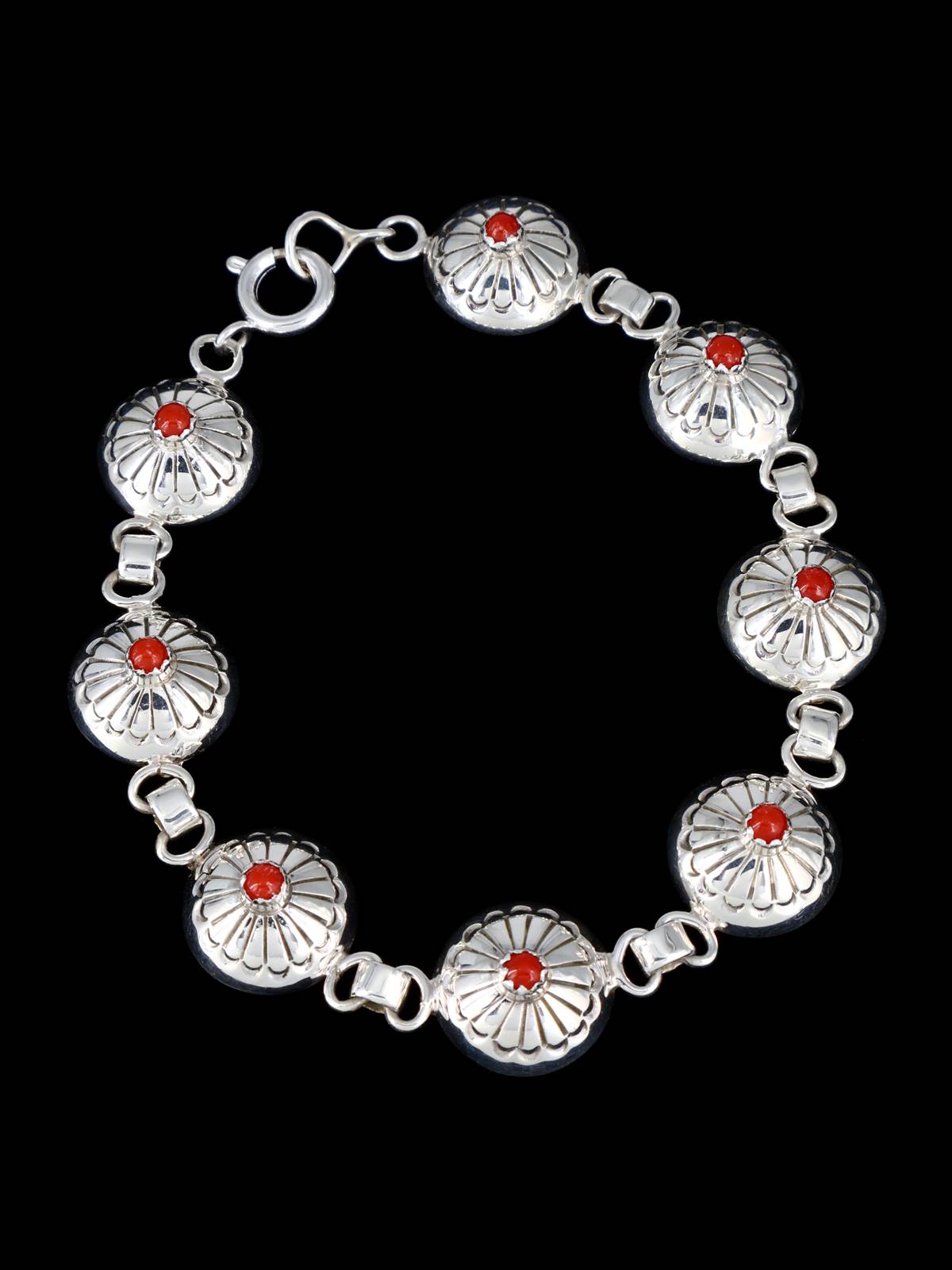 Navajo Sterling Silver Coral Link Bracelet - PuebloDirect.com