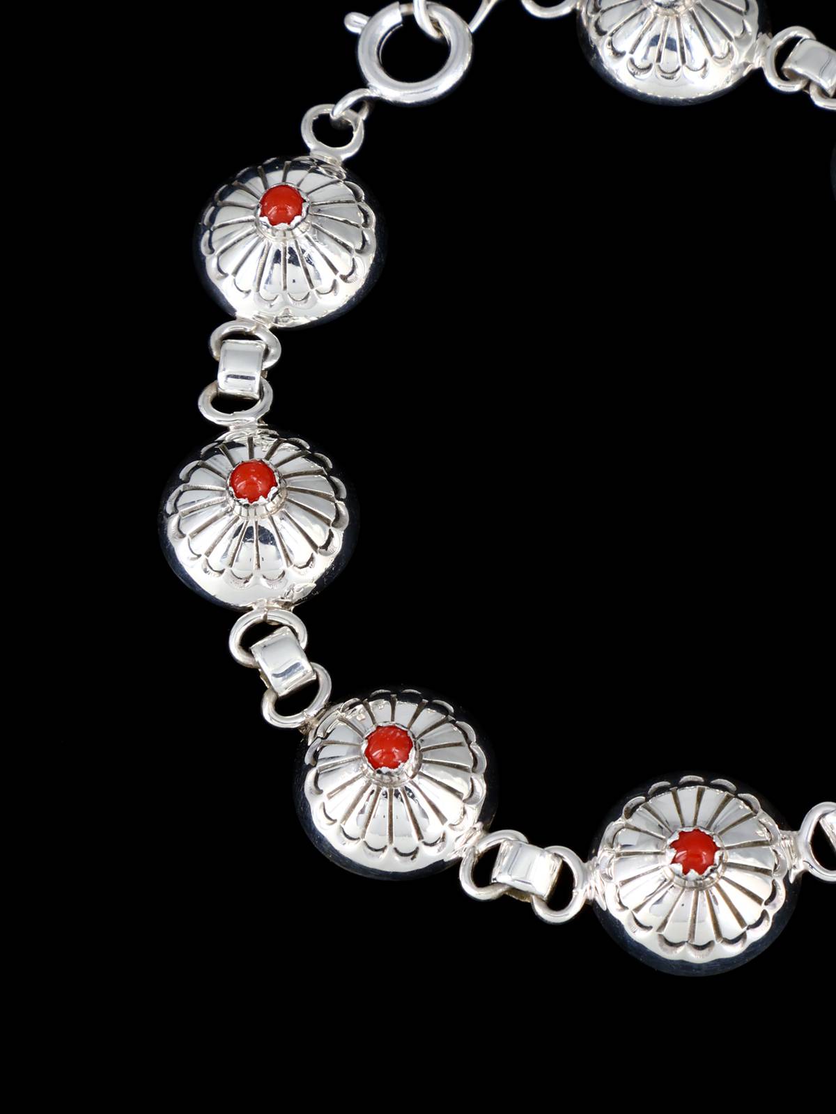 Navajo Sterling Silver Coral Link Bracelet - PuebloDirect.com