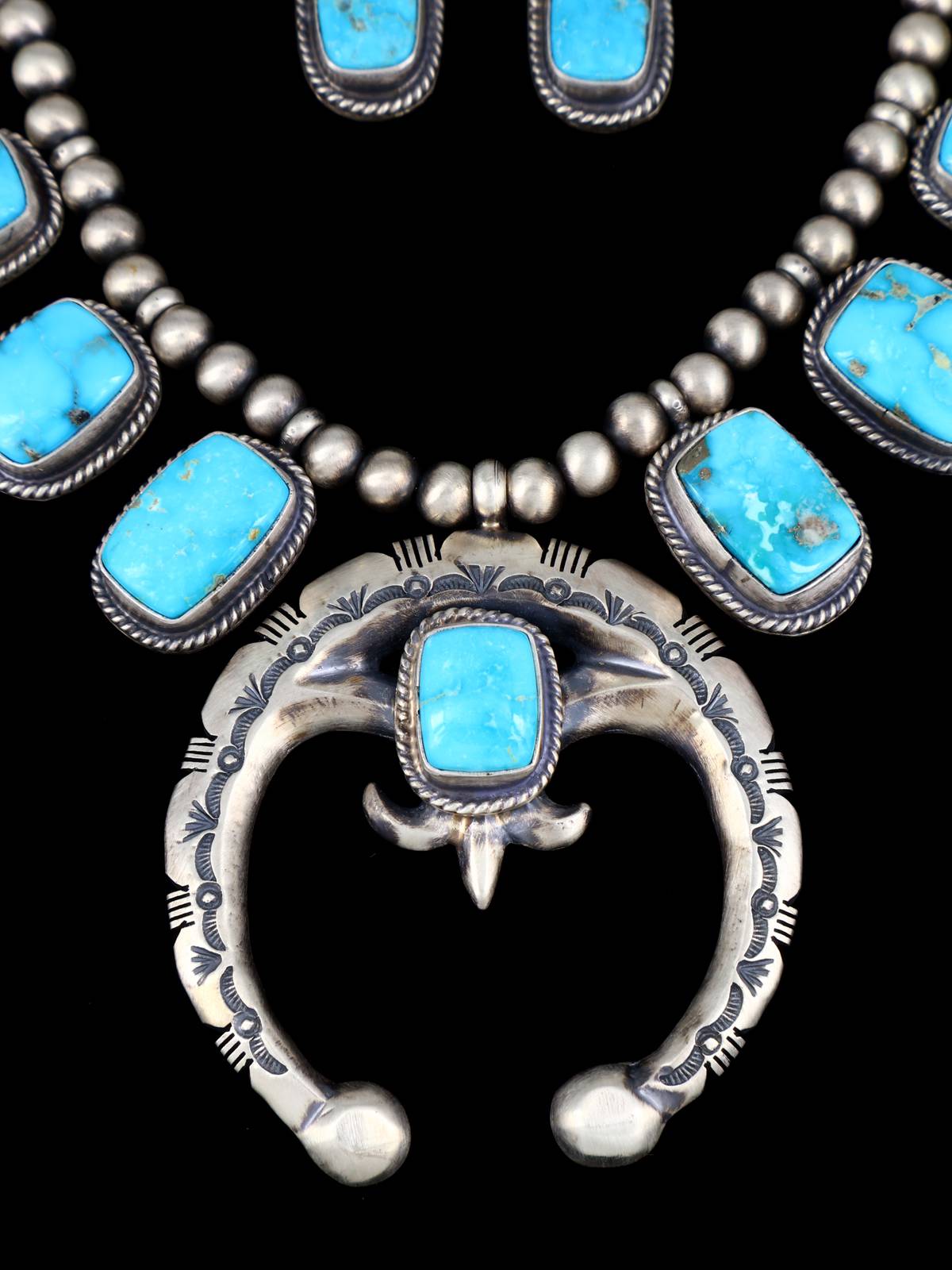 Sonoran Turquoise Sterling Silver Squash Blossom Necklace Set - PuebloDirect.com