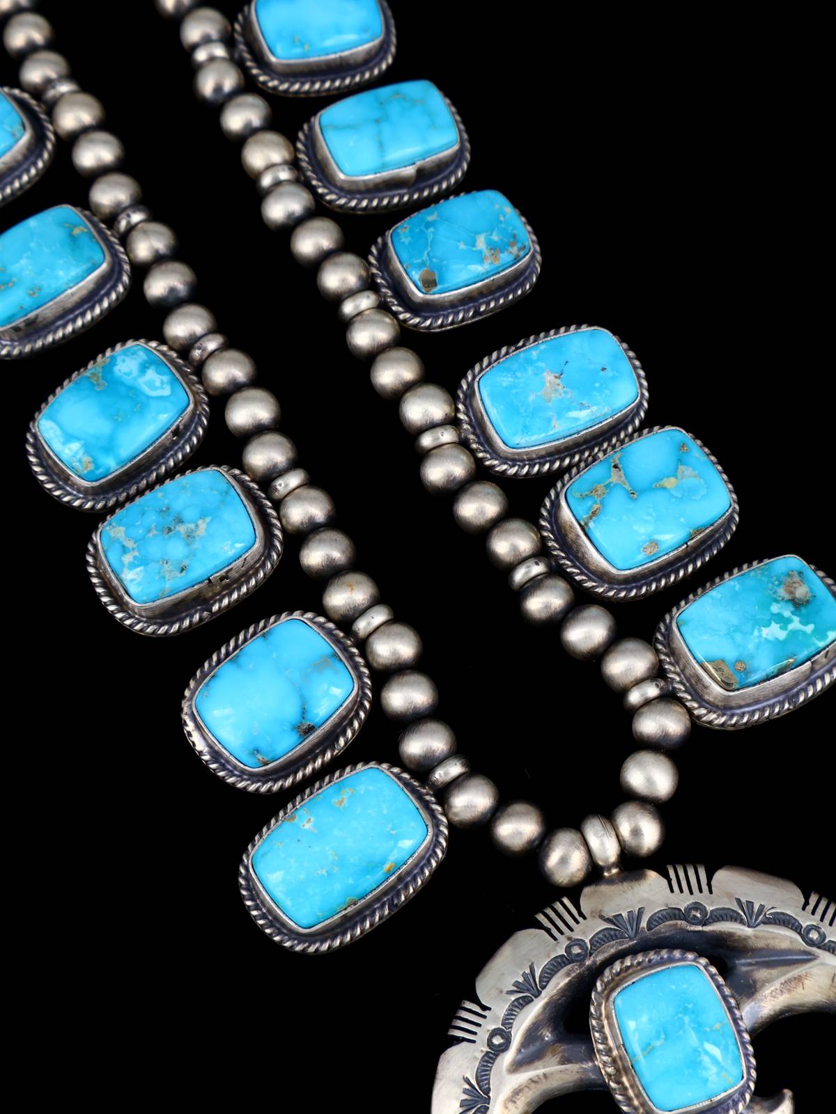 Sonoran Turquoise Sterling Silver Squash Blossom Necklace Set - PuebloDirect.com