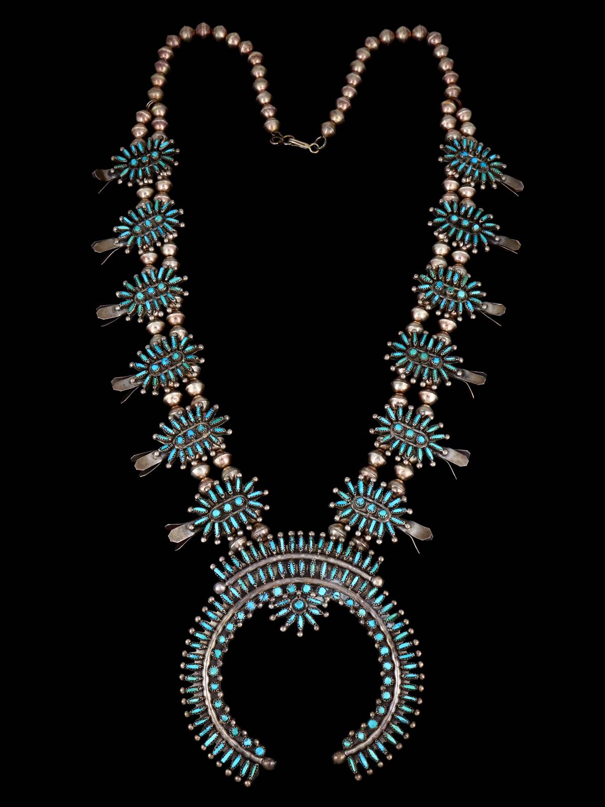 Vintage Sterling Silver Zuni Needlepoint Turquoise Squash Blossom Necklace - PuebloDirect.com