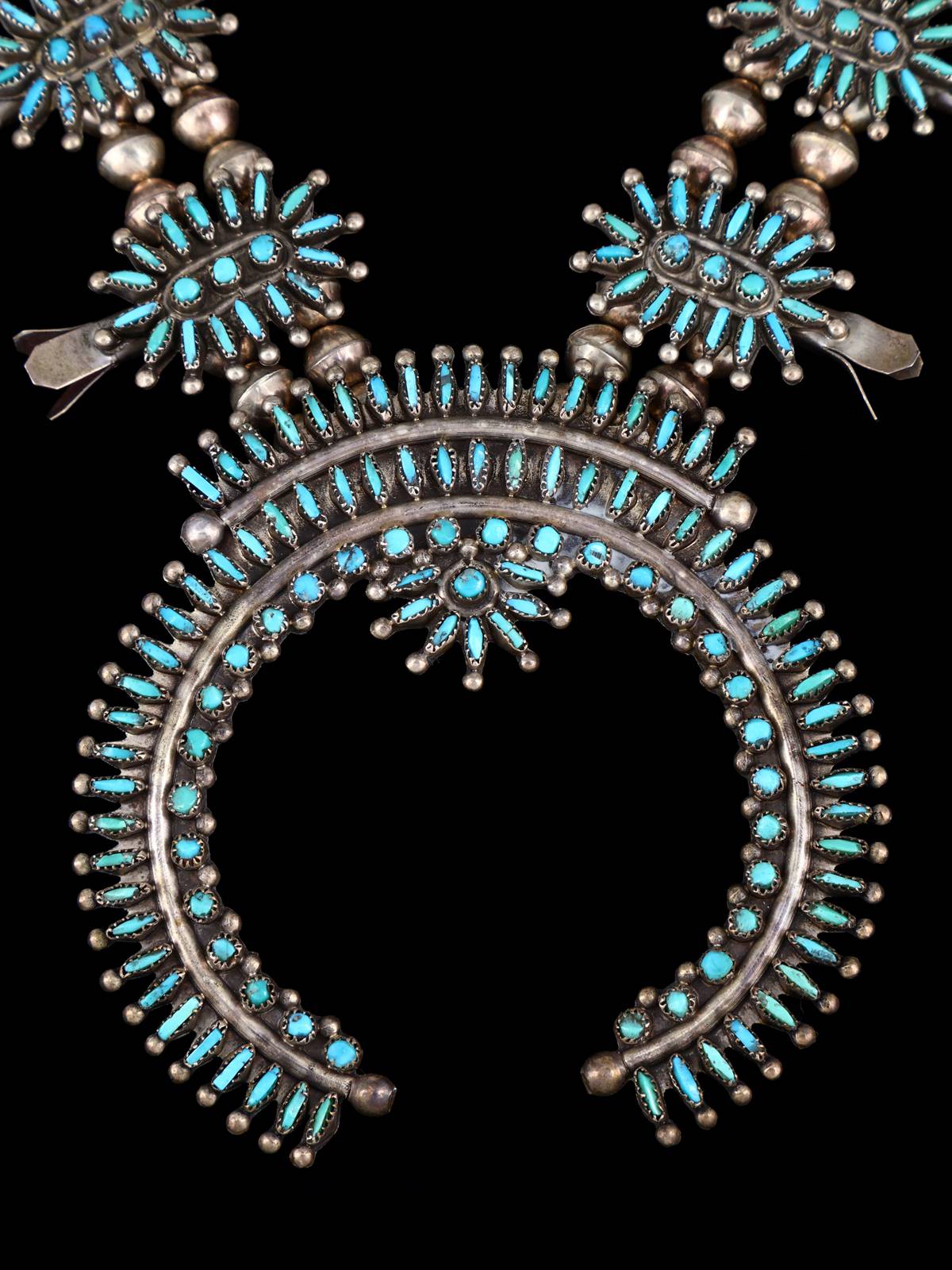 Vintage Sterling Silver Zuni Needlepoint Turquoise Squash Blossom Necklace - PuebloDirect.com