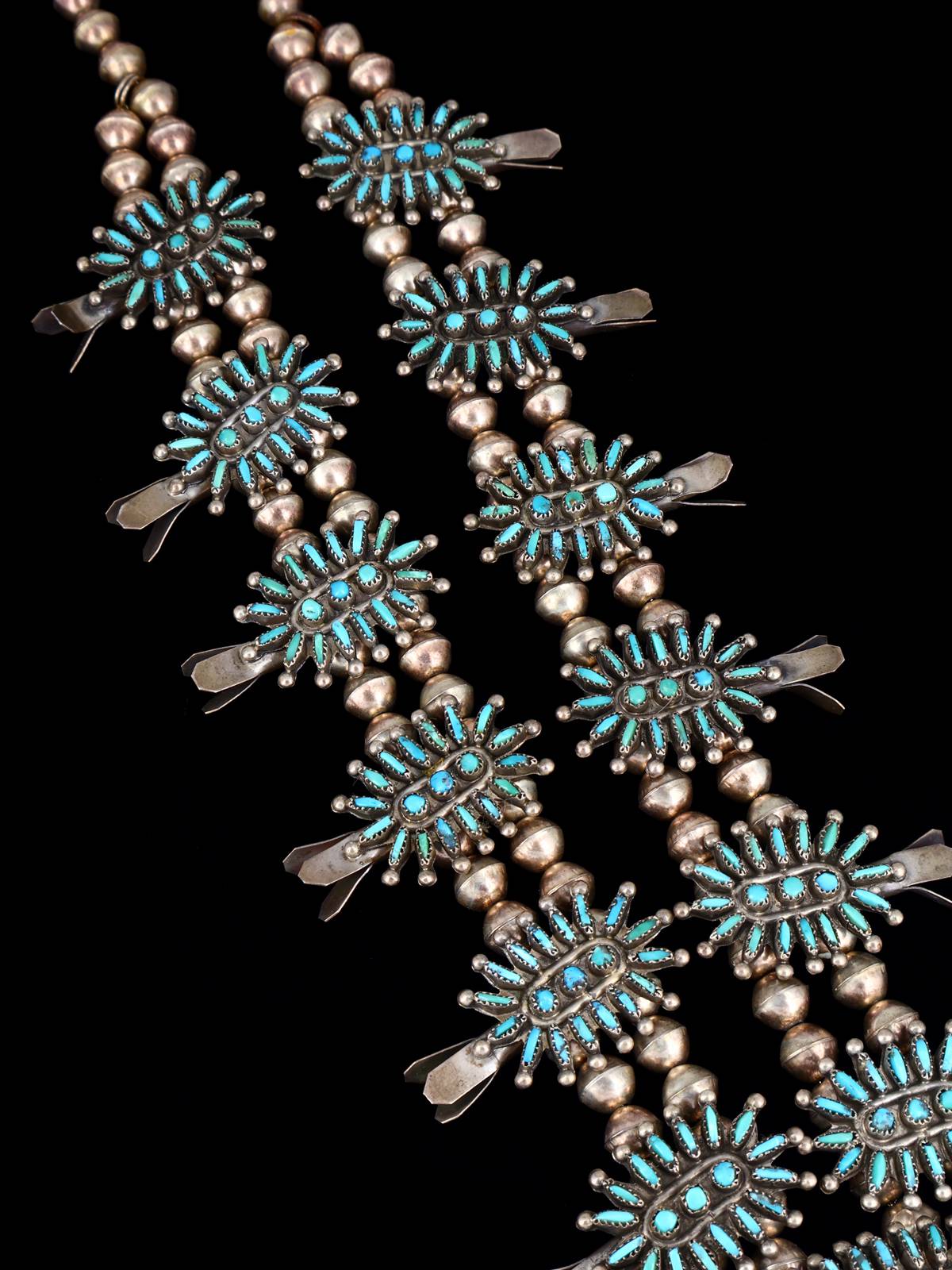 Vintage Sterling Silver Zuni Needlepoint Turquoise Squash Blossom Necklace - PuebloDirect.com