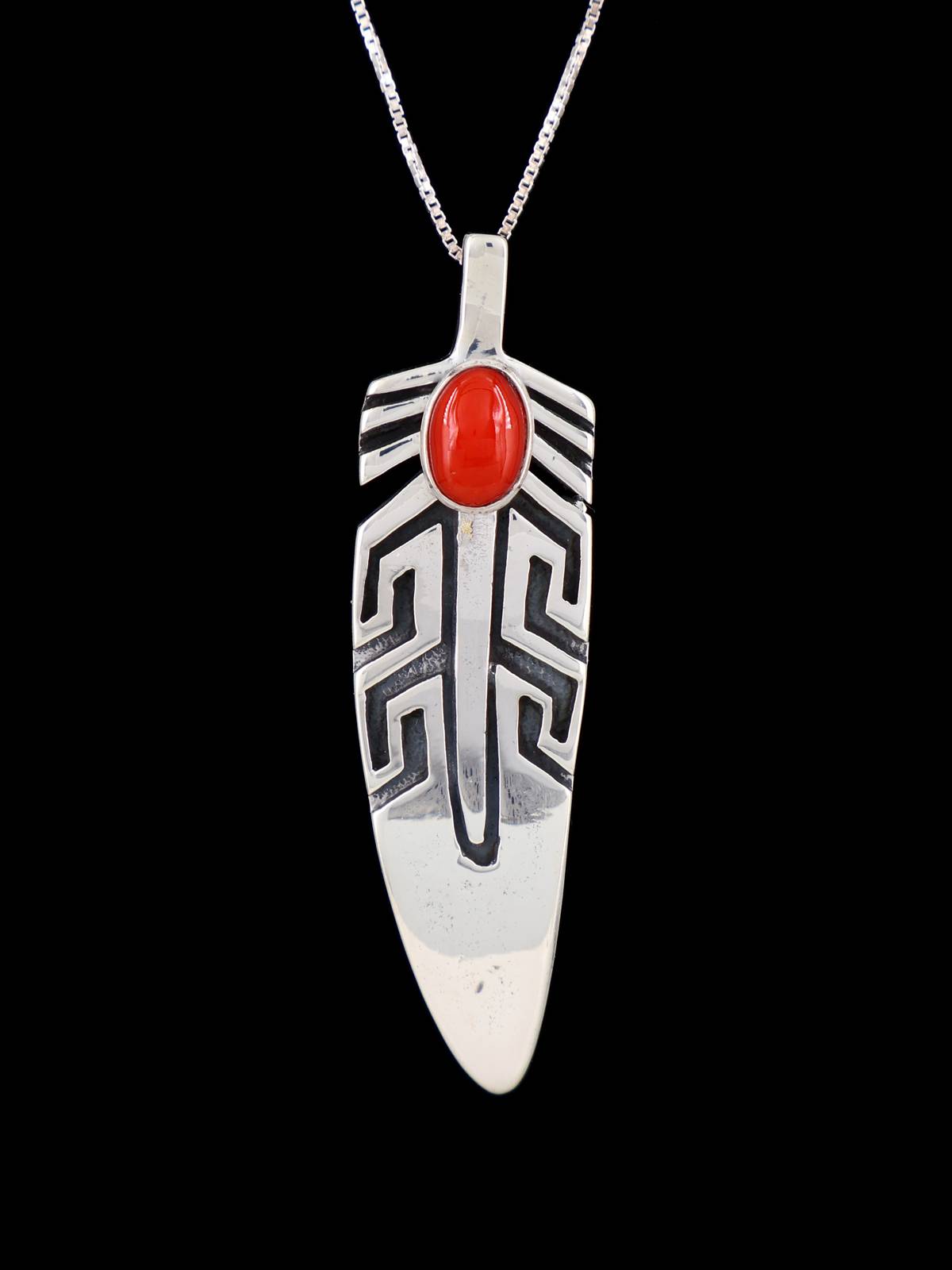 Navajo Sterling Silver Coral Feather Pendant - PuebloDirect.com