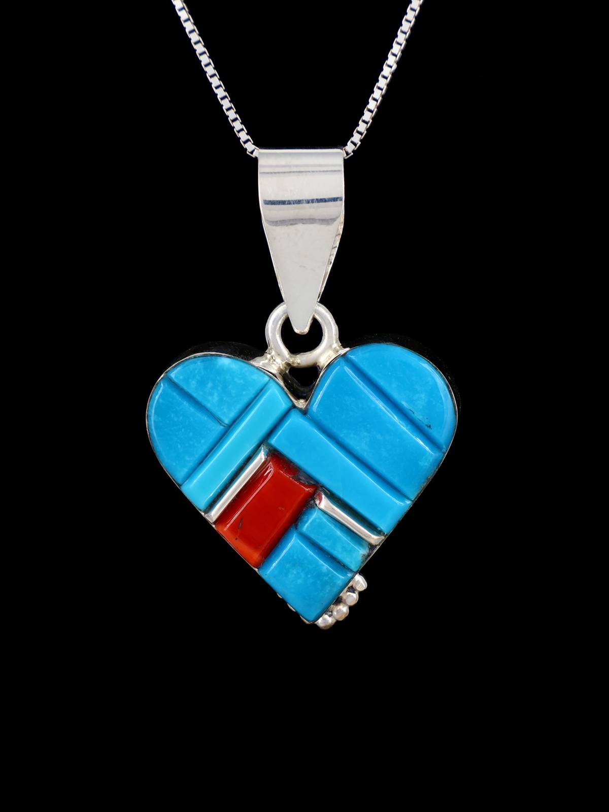 Navajo Sterling Silver Turquoise and Coral Heart Inlay Pendant - PuebloDirect.com