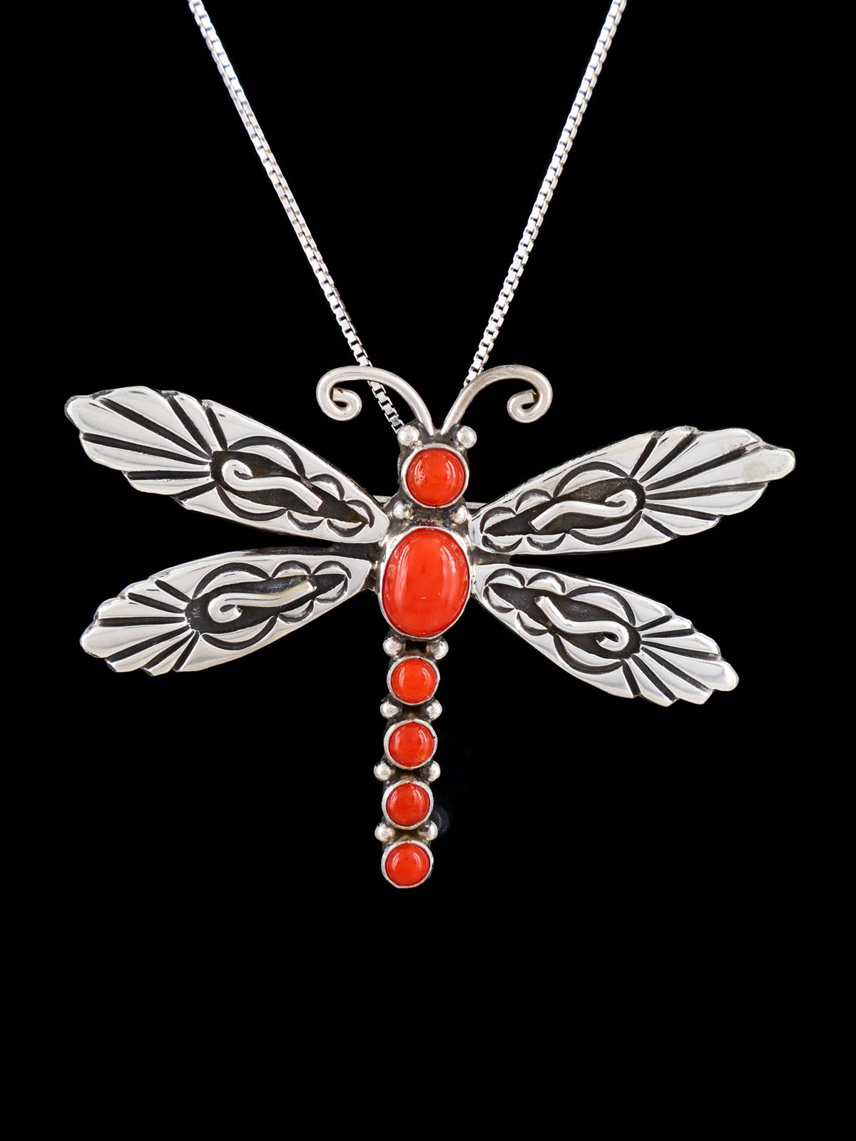 Native American Jewelry Coral Dragonfly Sterling Silver Pin/Pendant - PuebloDirect.com