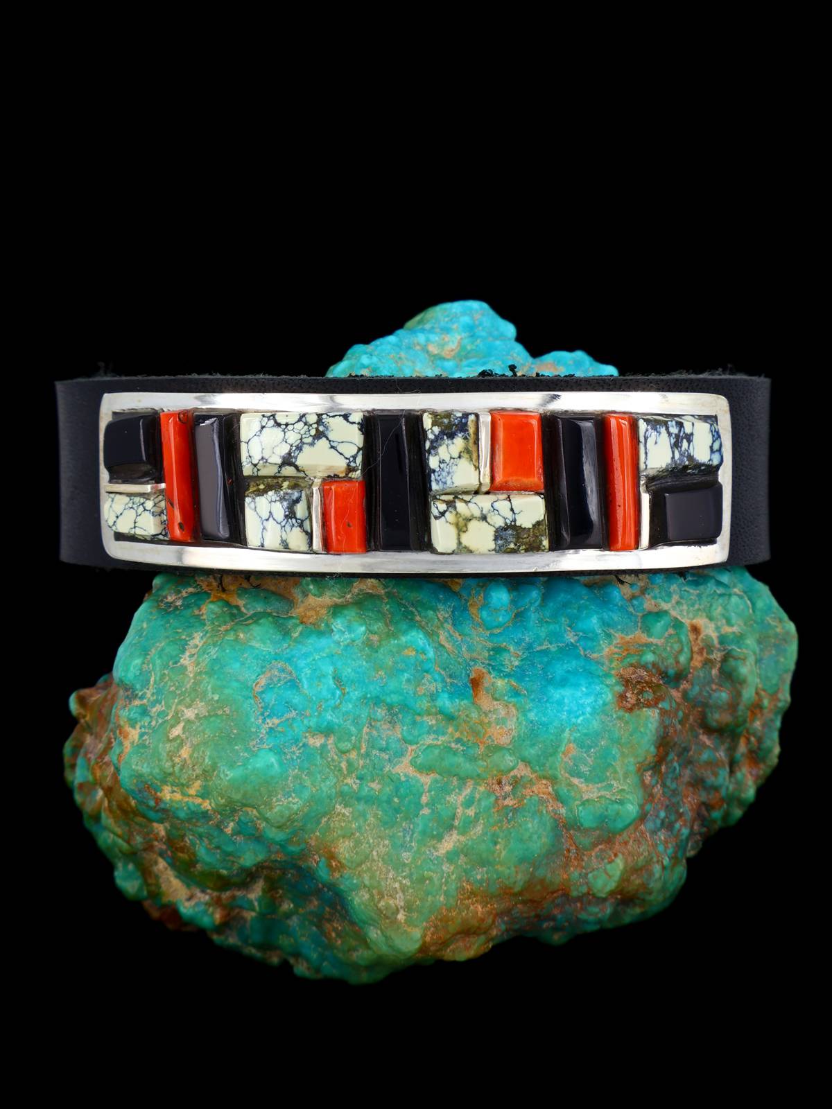 Native American Inlay Variscite and Black Jet Leather Bracelet - PuebloDirect.com