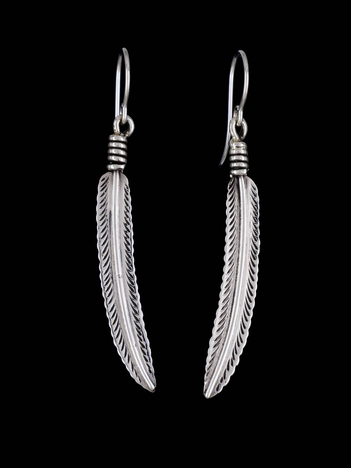 Native American Sterling Silver Dangle Feather Earrings - PuebloDirect.com